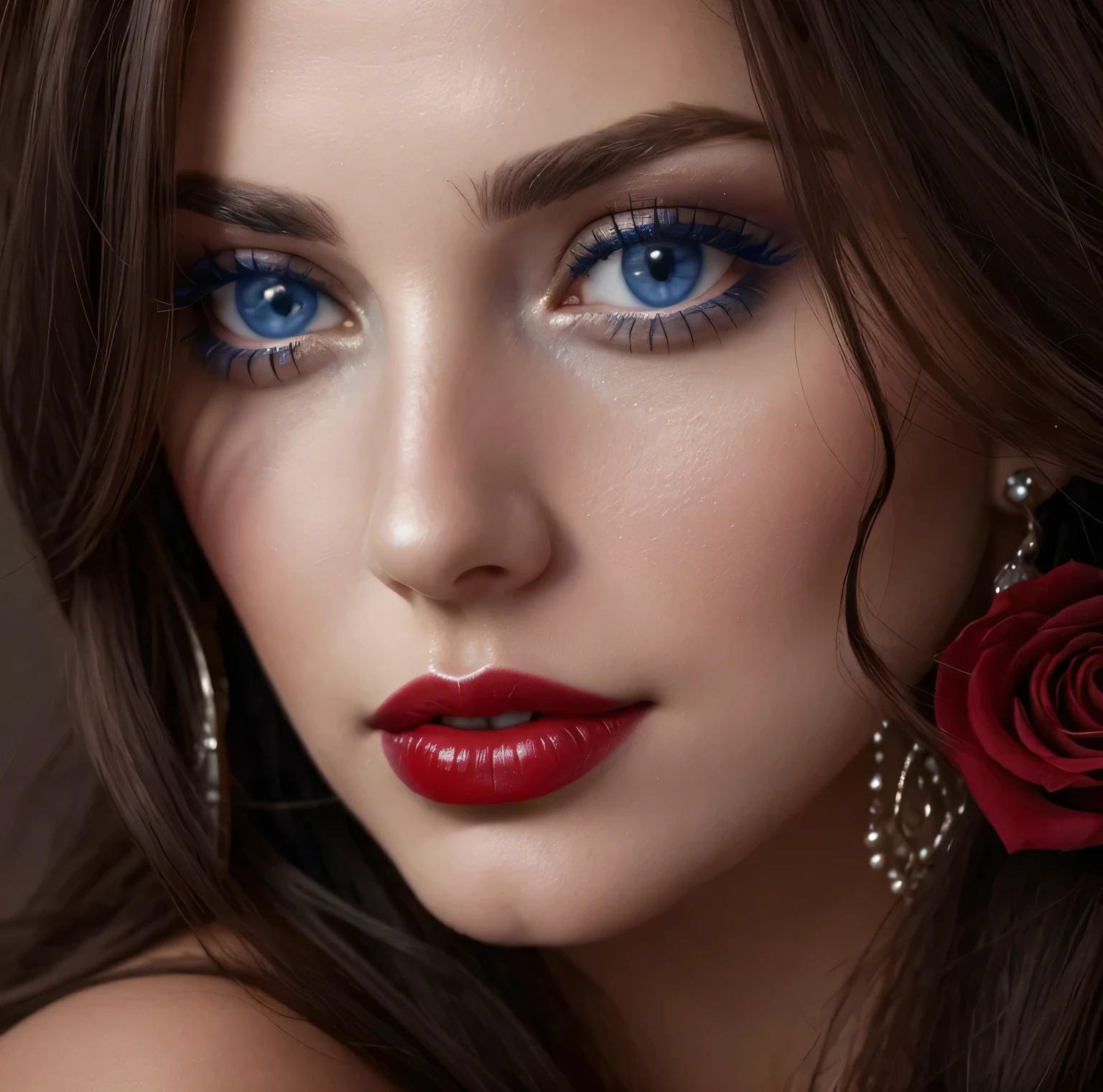 Blue eyes, looking at viewer, sensual look, thick red lips, beautiful face, highly detailed, masterpiece, spanish woman. face partly covered by hair, rose as earring, latina, sensual, hot look, flirting with viewer