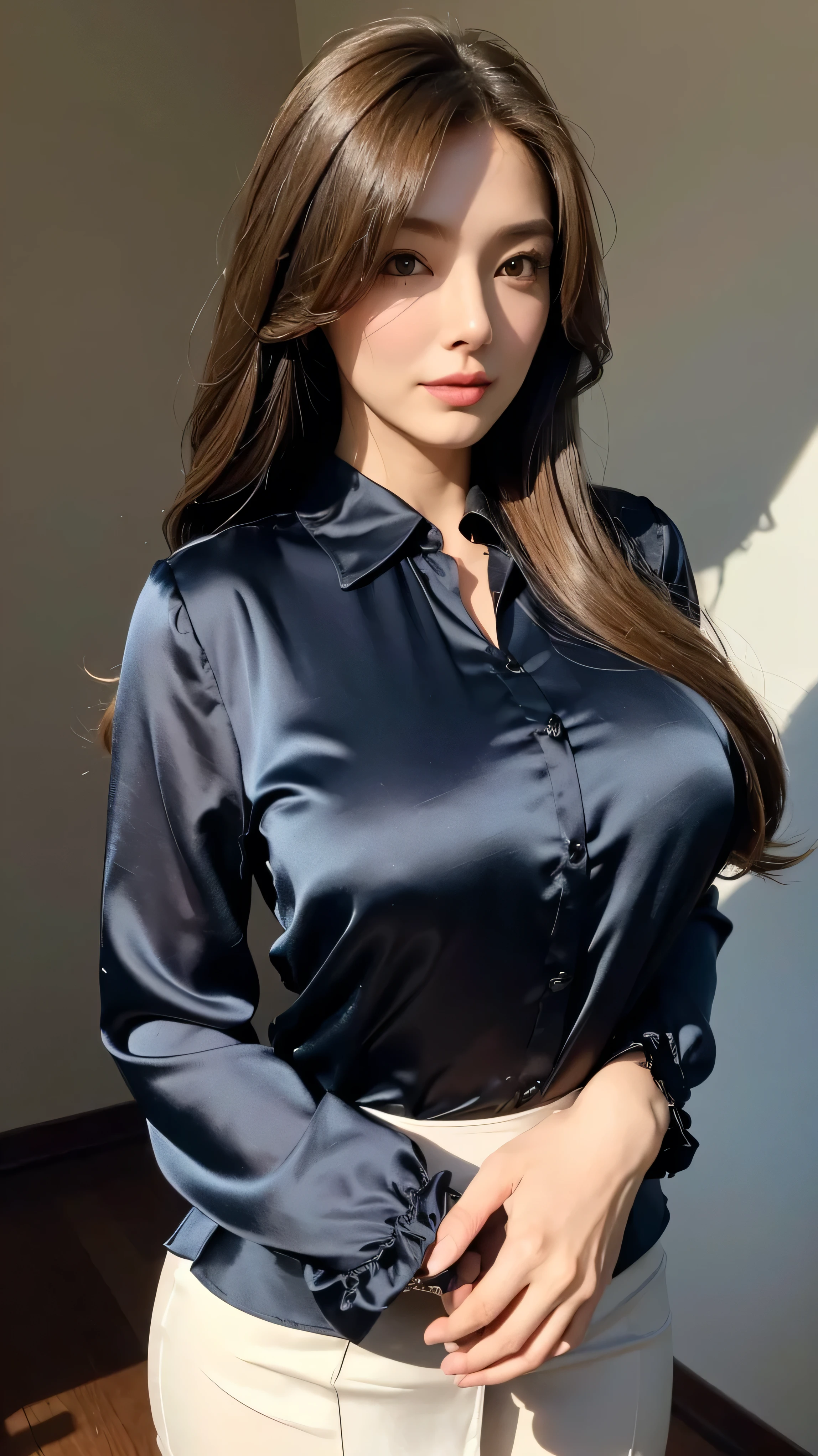 A woman in a blue shirt and white pants posing for a picture - SeaArt AI