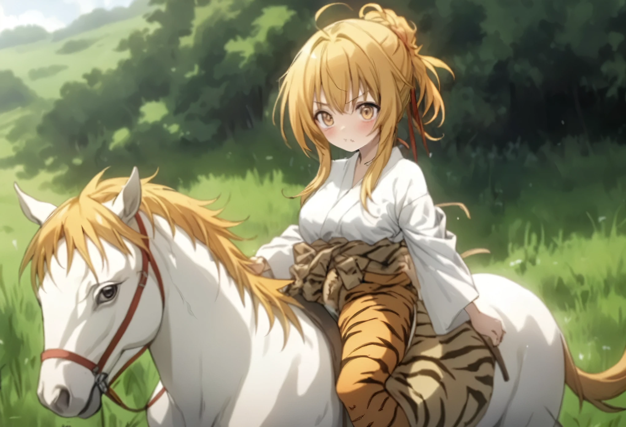 (((masterpiece、Best Quality、High resolution、High precision)、anime))、Beautiful normal breasts、(Dynamic pose)、Looking into the camera、(Beautiful detailed face、Beautiful big eyes、Light in the eyes)、((One Girl))、((Embarrassed face))、Red cheeks、Riding a White Horse、Wearing an open kimono、Wear a tiger skin around your waist、Yellow updo hair、Ride a horse and stop in the grassland
