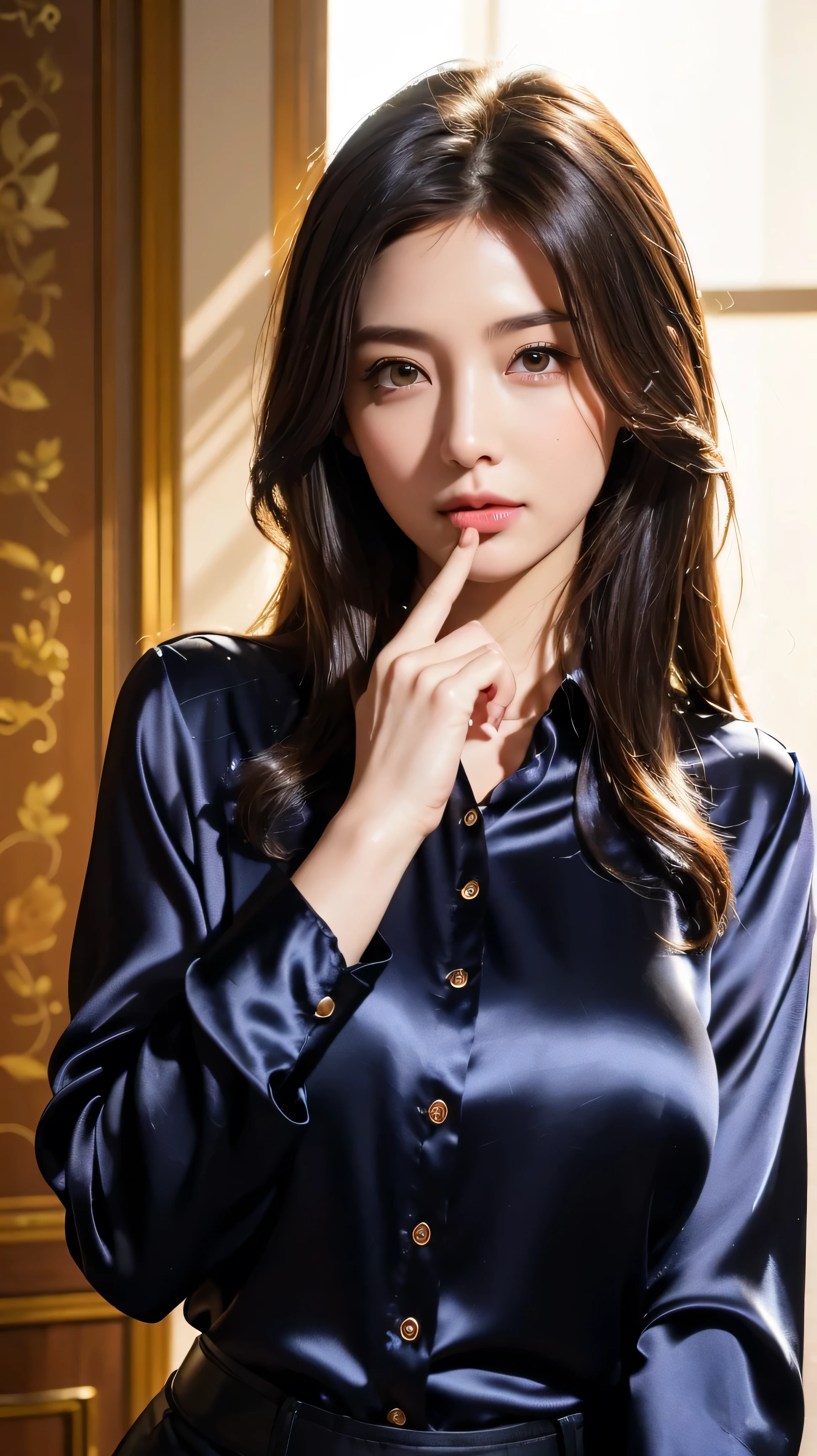 tmasterpiece, best qualtiy,1girll,Star face,Long legs,ssmile, fully body photo,Fair and smooth skin, The eyes are bright and alert,Semi-curved eyebrows, Swallow red lip gloss, short and wavy hair,Lotus pink ice silk pajamas,Silver-toned gemstone bracelet,sofe