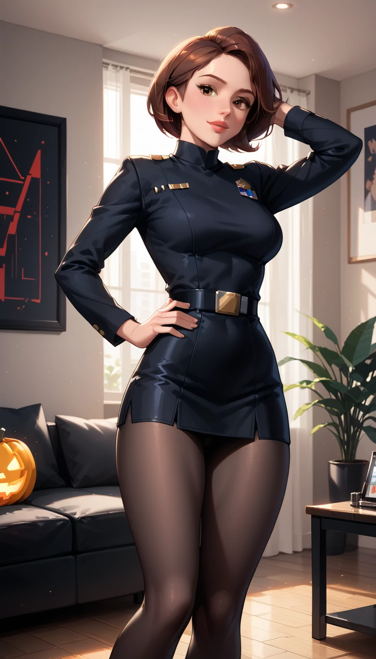 score_9, score_8_up, score_7_up, 1girl, solo, (Helen Parr, short hair, generous and heavy breasts, slender waist,:1.4), wearing (sexy Star Wars Imperial officer wearing a (black) uniform, short skirt, tights:1.5), naturally curved, muscular thighs, fesses rebondies et pulpeuses, aguicheuse, confident, flirt, gaze, sexy look, cute smile, head tilt, filled lips, thick lips, standing, in the living room, hand on hip, feet apart, sexy pose, beautiful modern apartment, city living, (Halloween theme:1.3), night, dark, dimly lit, expressiveh d4rk01l, perfect hands, perfect proportions, cowboy shot.