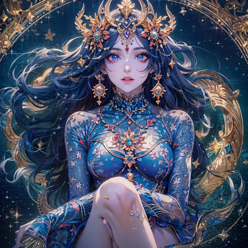 ( High quality , ultra detailed, careful with hand )Zodiac - Sagittarius goddess , similar to latin goodness . Optimistic, fair-minded, funny and intellectual face . Reckless, cold-hearted, impatient, overconfident style . Dark blue eyes (eyes detail) , deep blue hair with bling bling , transparent dress , in the ocean with stars , whole body , fire make up look , god Chiron