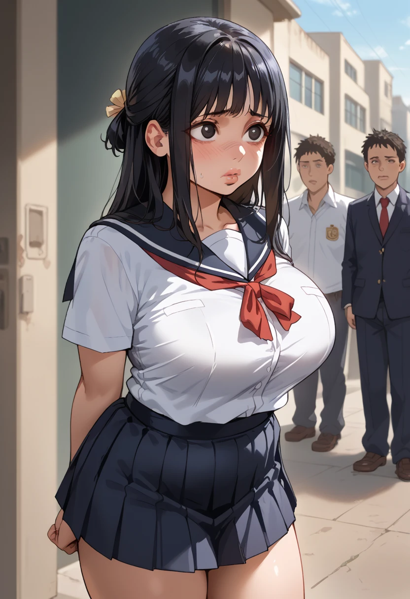 realistic anime art style,(tareme),(curvy body),black unkempt hair,(sailor uniform),unpretentious mature woman standing in crowded train,frowning,blushed,trembling,(sweaty),sweaty thighs,nipple through