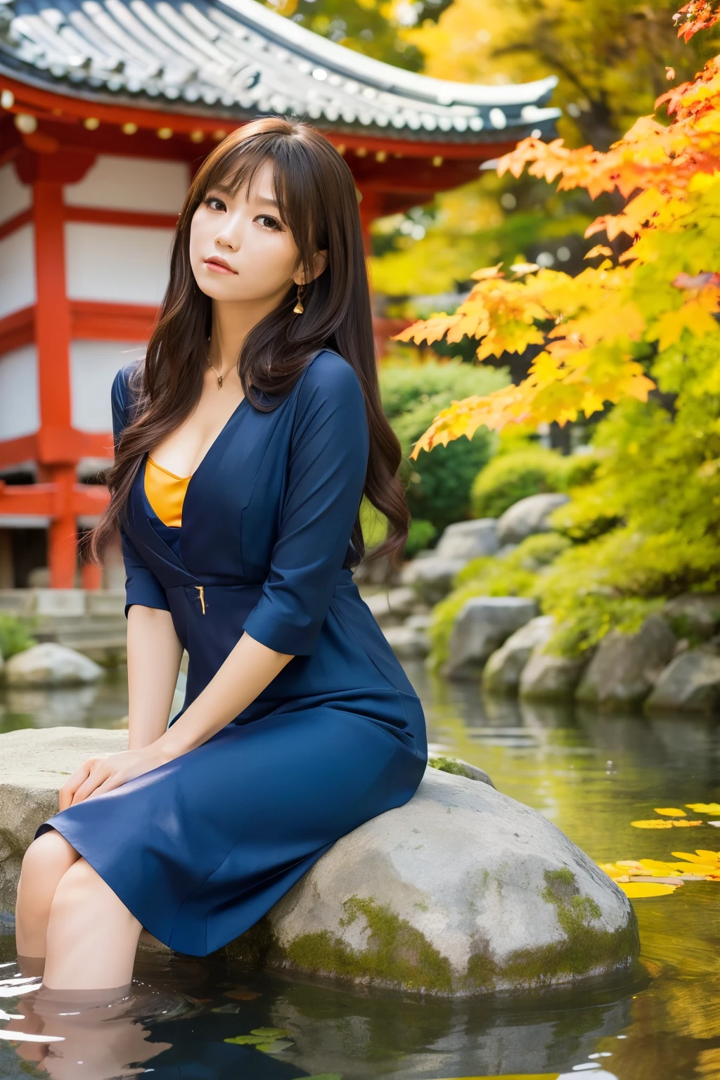 (UHD, masterpiece, anatomically correct, textured skin, super detail, best quality, highres, 8k, bloom, Front Light:1.2, Perfect dynamic composition),(photobash) ,((super slender))


Asian woman leaning against wooden pillar, long dark hair, white blouse, hand on chin, soft warm light, autumn garden, vibrant orange and yellow leaves, traditional Japanese temple, calm pond, another woman in dark blue dress, peaceful atmosphere, golden sunlight, serene autumn scene, dreamlike mood