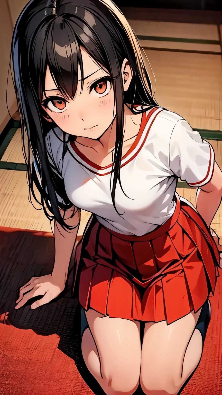 Kneeling, (turning around), anime, realistic, Azuki Miho, heroine of the Japanese manga "Bakuman", black hair, red pleated skirt