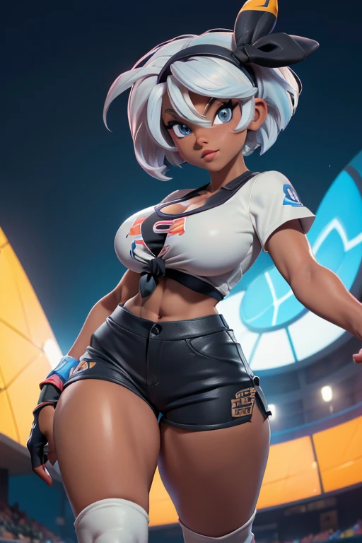 (masterpiece), best quality, expressive eyes, perfect face, front lighting, (pokemon sport stadium at night background), (walking), (cleavage closeup view), (happy face), (1girl, milf, bea, pokemon, blue eyes, dark skin, (dark-skinned female:1.5), white hair, bob hairstyle with hairbow, hourglass figure, thin body, skinny body, petite_body, large breasts, huge breasts, oppai, wide hips, thick thighs), (pokemon shirt with front knot, croptop, short sleeve, navel, exposed cleavage. shorts, knee pads, glove on one hand),