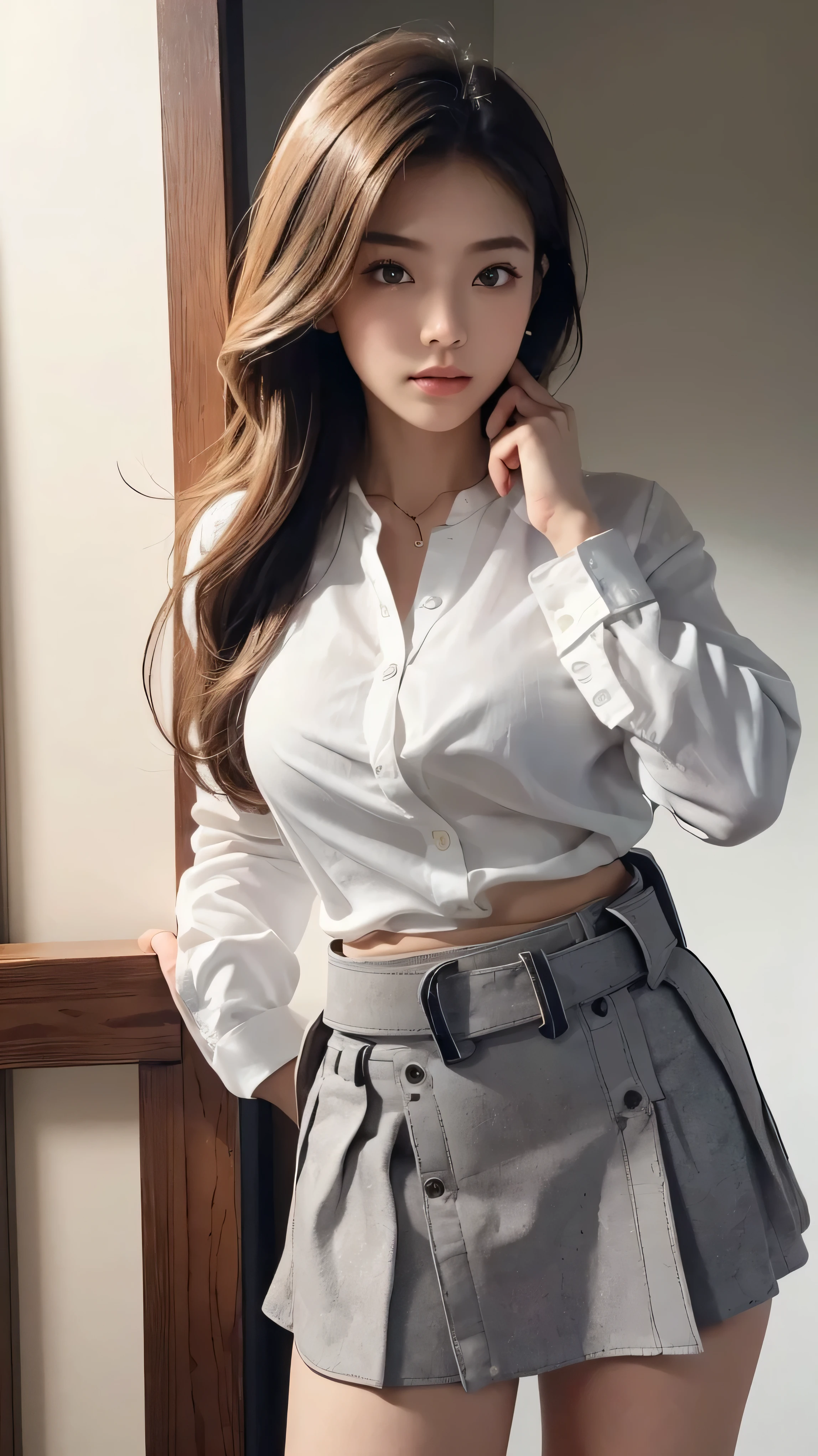 masterpiece:1.2, highest quality), (Realistic, photoRealistic:1.4), Beautiful illustrations, (Natural Side Lighting, Cinema Lighting), Written boundary depth, Beautiful thighs staring at the viewer, (Face Focus, Upper Body), 1 female,20-year-old,alone,(With background:Hotel Rooms) , Long Hair, Straight Hair, Forehead, Small naked , Collared shirt, tie, skirt, Earrings, Are standing