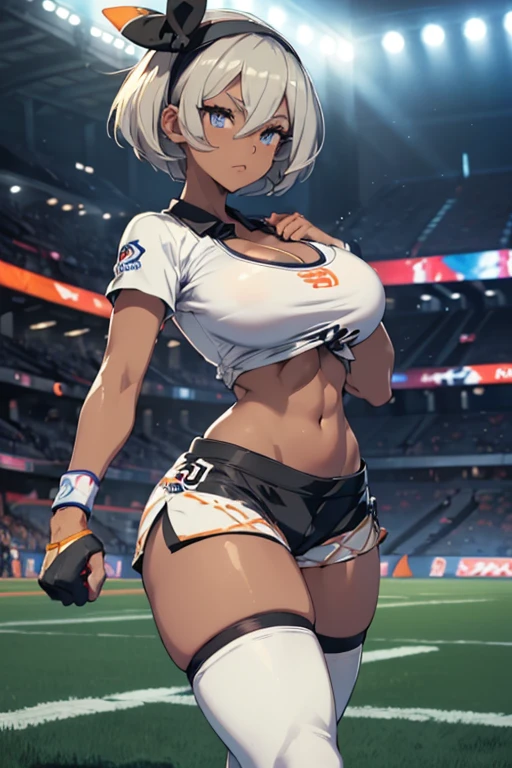 (masterpiece), best quality, expressive eyes, perfect face, front lighting, (pokemon sport stadium at night background), (walking), (cleavage closeup view), (happy face), (1girl, milf, bea, pokemon, blue eyes, dark skin, (dark-skinned female:1.5), white hair, bob hairstyle with hairbow, hourglass figure, thin body, skinny body, petite_body, large breasts, huge breasts, oppai, wide hips, thick thighs), (pokemon shirt with front knot, croptop, short sleeve, navel, exposed cleavage. shorts, knee pads, glove on one hand),