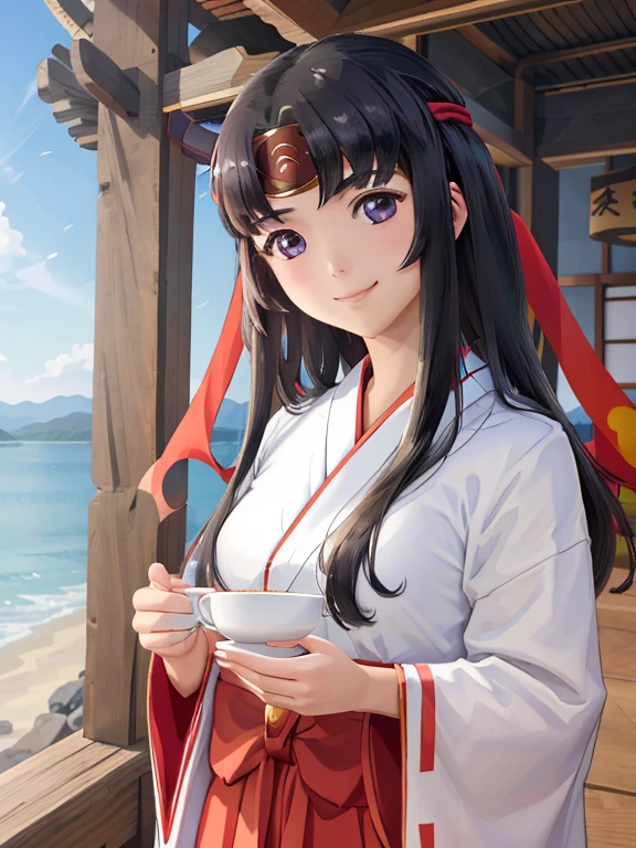 (masterpiece, Best Quality:1.2), Alone, One girl, -bar, smile, View your viewers, Holding a cup, Headband, Shrine maiden, Japanese clothing, Ribbon sleeves, Red too, Hakama skirt