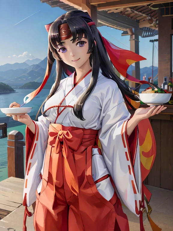 (masterpiece, Best Quality:1.2), Alone, One girl, -bar, smile, View your viewers, Holding a cup, Headband, Shrine maiden, Japanese clothing, Ribbon sleeves, Red too, Hakama skirt