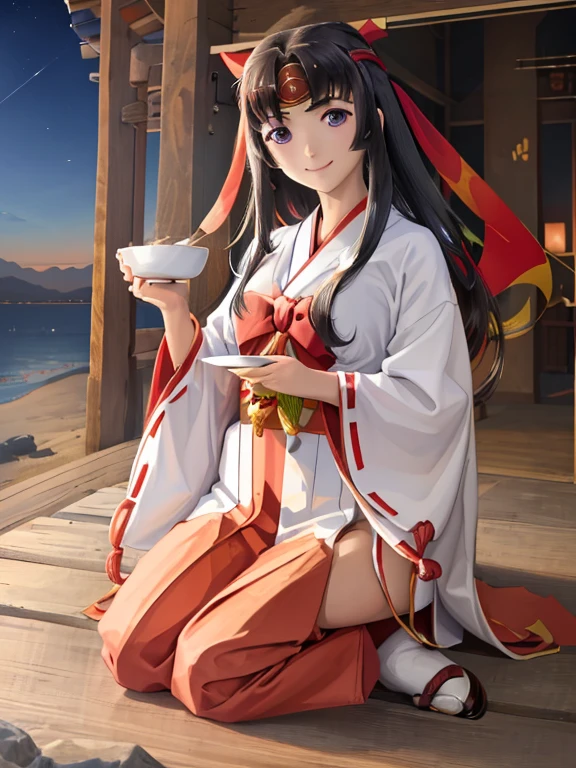 (masterpiece, Best Quality:1.2), Alone, One girl, -bar, smile, View your viewers, Holding a cup, Headband, Shrine maiden, Japanese clothing, Ribbon sleeves, Red too, Hakama skirt