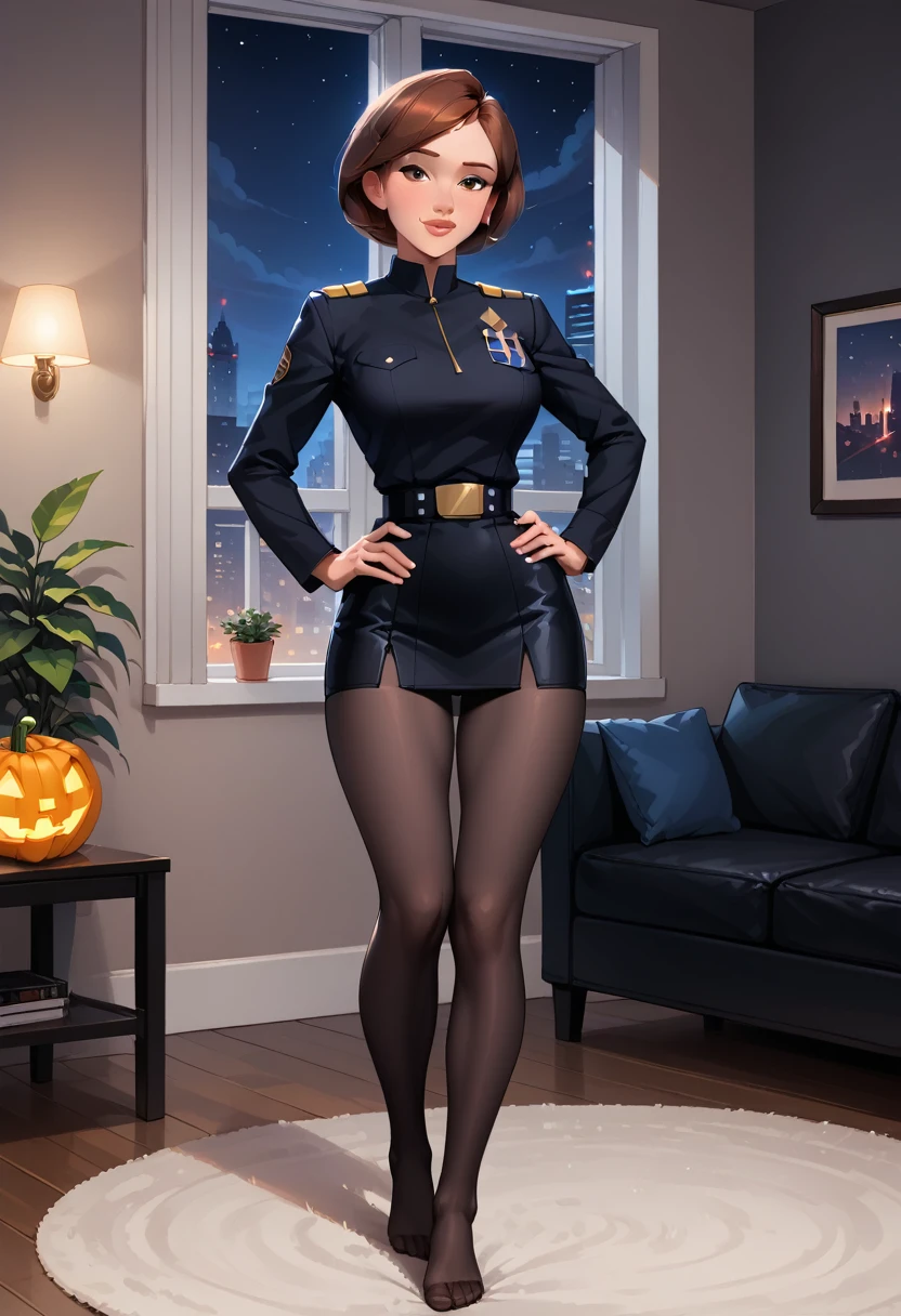 score_9, score_8_up, score_7_up, 1girl, solo, (Helen Parr, short hair, generous and heavy breasts, slender waist,:1.4), wearing (sexy Star Wars Imperial officer wearing a (black) uniform, short skirt, tights:1.5), naturally curved, muscular thighs, fesses rebondies et pulpeuses, aguicheuse, confident, flirt, gaze, sexy look, cute smile, head tilt, filled lips, thick lips, standing, in the living room, hand on hip, feet apart, sexy pose, beautiful modern apartment, city living, (Halloween theme:1.3), night, dark, dimly lit, expressiveh d4rk01l, perfect hands, perfect proportions, cowboy shot, side view.