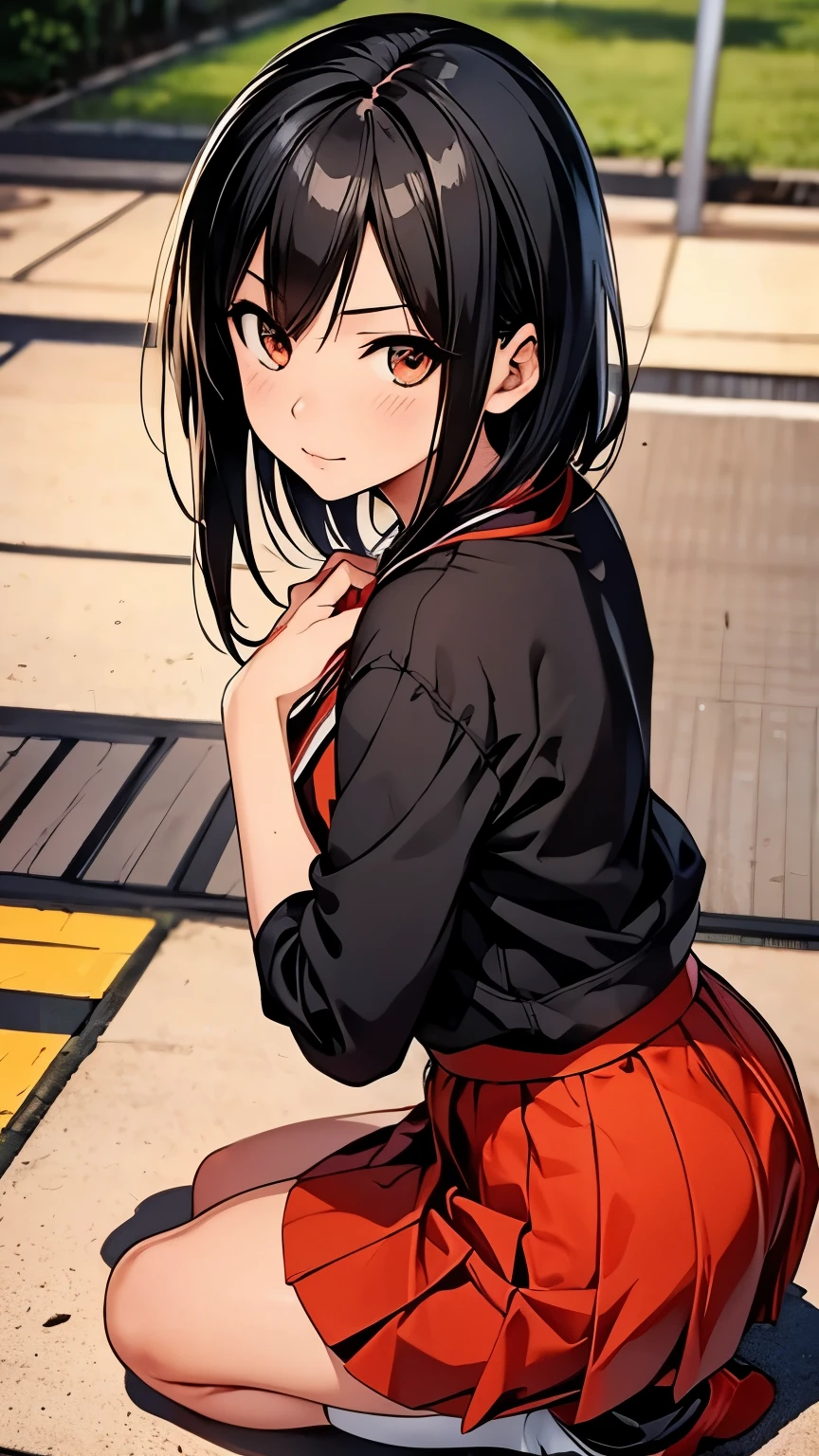 Kneeling, (turning around), anime, realistic, Azuki Miho, heroine of the Japanese manga "Bakuman", black hair, red pleated skirt