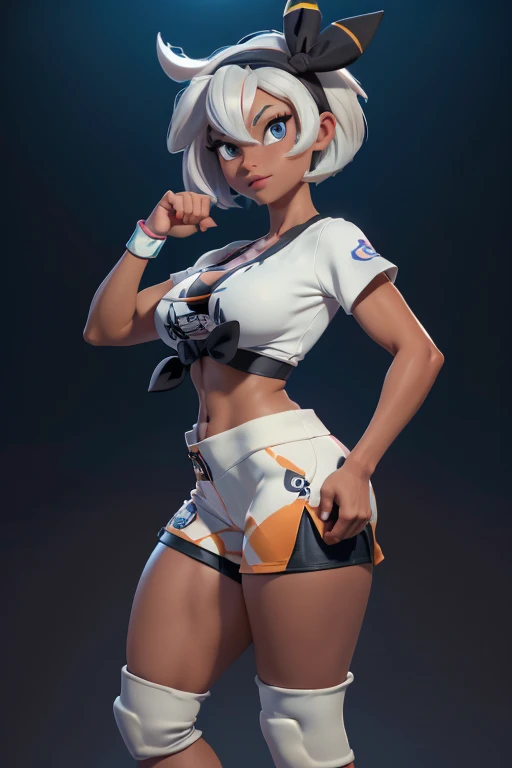 (masterpiece), best quality, expressive eyes, perfect face, front lighting, (pokemon sport stadium at night background), (walking), (cleavage closeup view), (happy face), (1girl, milf, bea, pokemon, blue eyes, dark skin, (dark-skinned female:1.5), white hair, bob hairstyle with hairbow, hourglass figure, thin body, skinny body, petite_body, large breasts, huge breasts, oppai, wide hips, thick thighs), (pokemon shirt with front knot, croptop, short sleeve, navel, exposed cleavage. shorts, knee pads, glove on one hand),