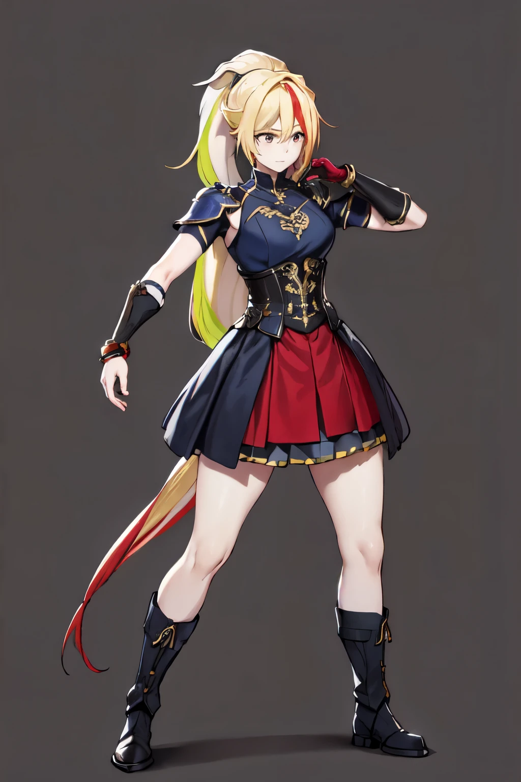 1 , Cabelo comprido, backwards bangs, ultra long multicolored Franja, gorgeous, Cabelo loiro, long messy ponytail, shouder piece of armor, left bracelet, Short breastplate, long iron boots, cute pose, Alta resolução, Obra-prima, Melhor qualidade, simple background 