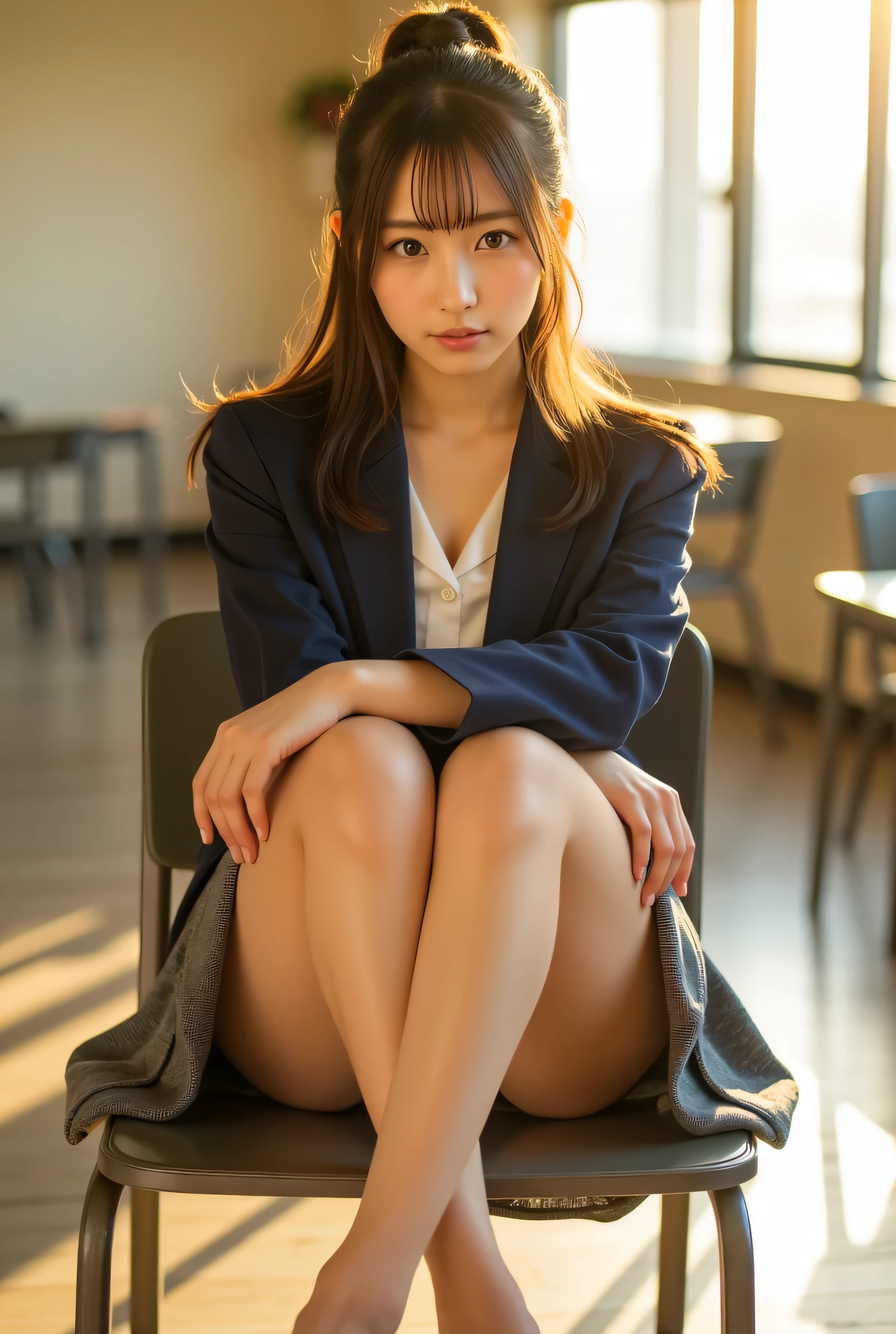 (Realistic:1.3, Photo-realistic:1.5, RAW photo, model photo), Magazine cover photo, she is Japanese high-school student, The perfect figure that everyone aspires to, symmetrical eyes, Light Brown eyes, Double eyelids, Thin eyebrows, Thin lips, Glossy lips, fair skin, Thin legs, Thin feet, (super Detailed skin:1.2), firm skin, (realistic skin:1.2),  (super Detailed eyes:1.2), (cute makeup:1.5), (cute face:1.3), 
break, 
(1girl, Alone:1.3, 23yo:1.3), ((Super detailed beautiful breasts, D-cup breasts):1.3), (firm breast, nicely shaped breasts), ((half-up hairstyle:1.5, long hair:1.3)), no bangs, 
(High school student uniform:1.3), (pleated miniskirt (color : Gray)):1.2, (white shirt, school blazer (color : Navy), (bare-thighs, pin-heels)):1.3), 
break, 
((She sat with her arms crossed and her legs stretched out like a queen, demanding that I lick her feet):1.8), ((and looks down with a seductive smile on her face:1.3)), ((In an empty classroom with the setting sun shining in)), 
break, 
((Full body:1.9)), ((from below:1.3)), ((focus on her foot:1.3)), 