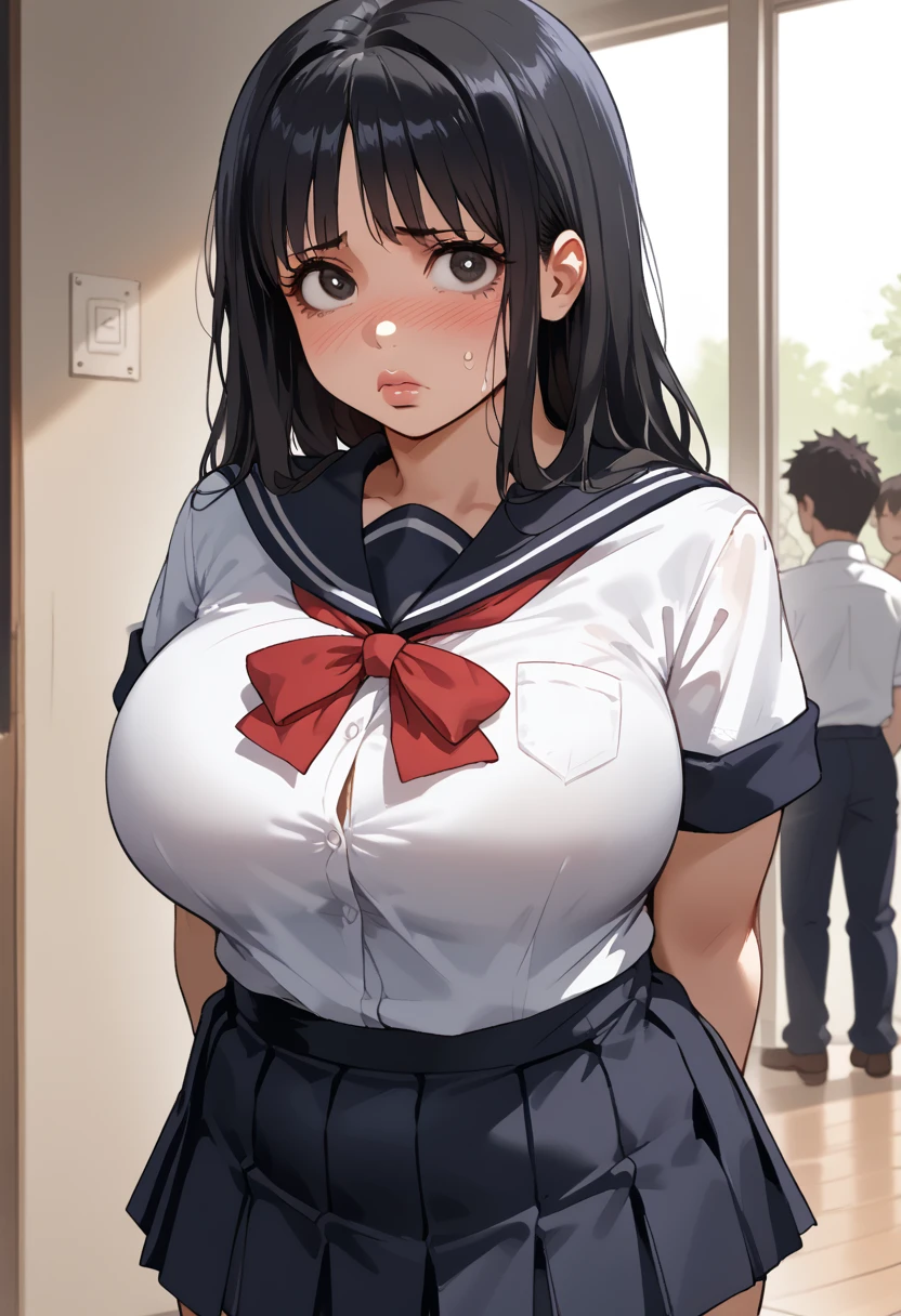 、Black bob hair、hairpin、high school girl、Anxious expression、、Large Breasts、Soft Breasty chest is shaking、shake、shake、、Saggy breasts、Light pink nipples