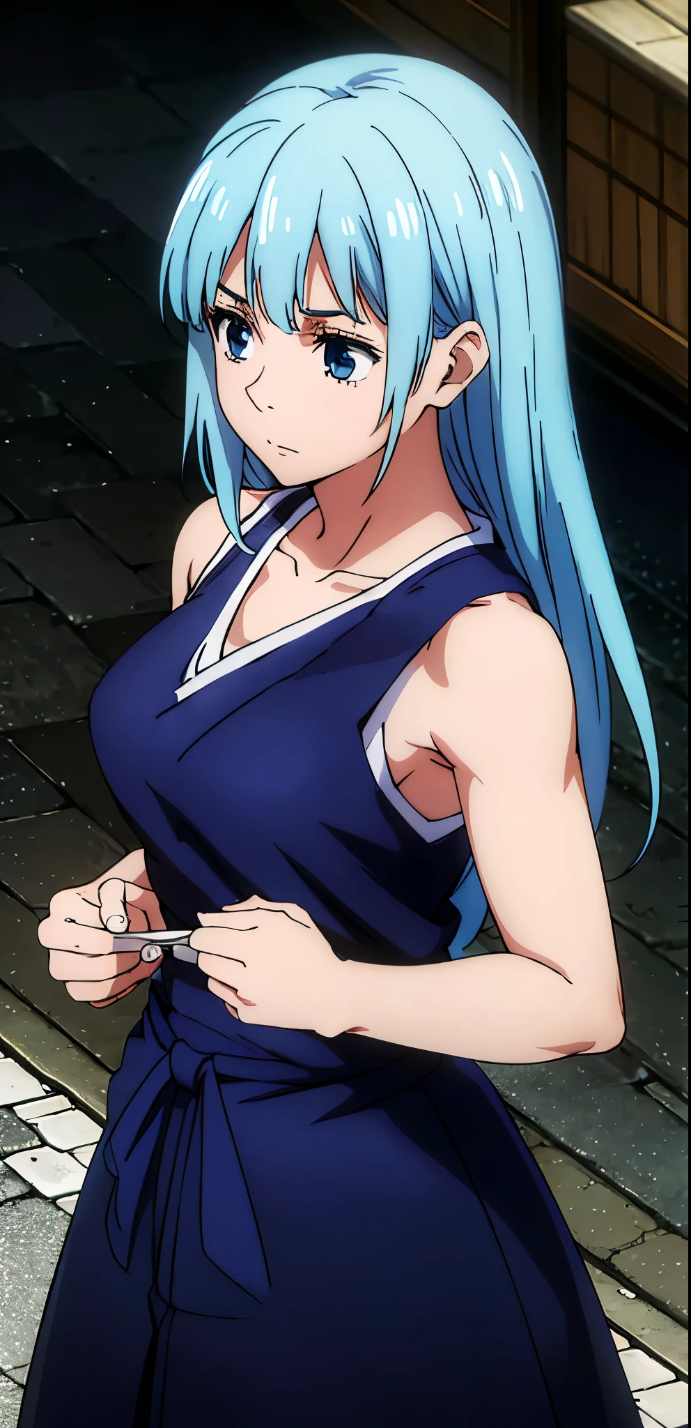 masterpiece, highres, solo, 8k, detailed, perfect face, best quality, (ultra high quality), cropped tank top, collarbone, sleeveless, medium breasts, blue hair, long hair, dark blue eyes, navel, (blue hakama),street