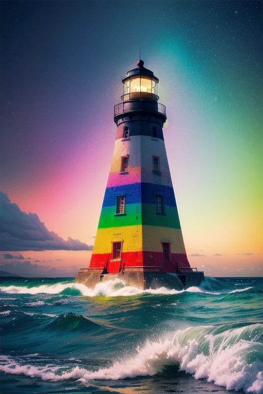 Abstract art, ( Surrealism ) ( orgasm  ) a Surreal scene involving (colors:1.5) and a lighthouse, color lighthouse. A lighthouse made of colorful colors. different colors are everywhere, Colorful Gradient, involving colorful Pillar splash rain colors, colorful rainbow colors, non euclidean color geometry, an abstract scene , swirling Pillar of rainbow water colors, phallic,  covered in colors, bound in different colors. chained color, Surreal different colors, , colorful light shining from lighthouse, in the Vibrant colors style, 