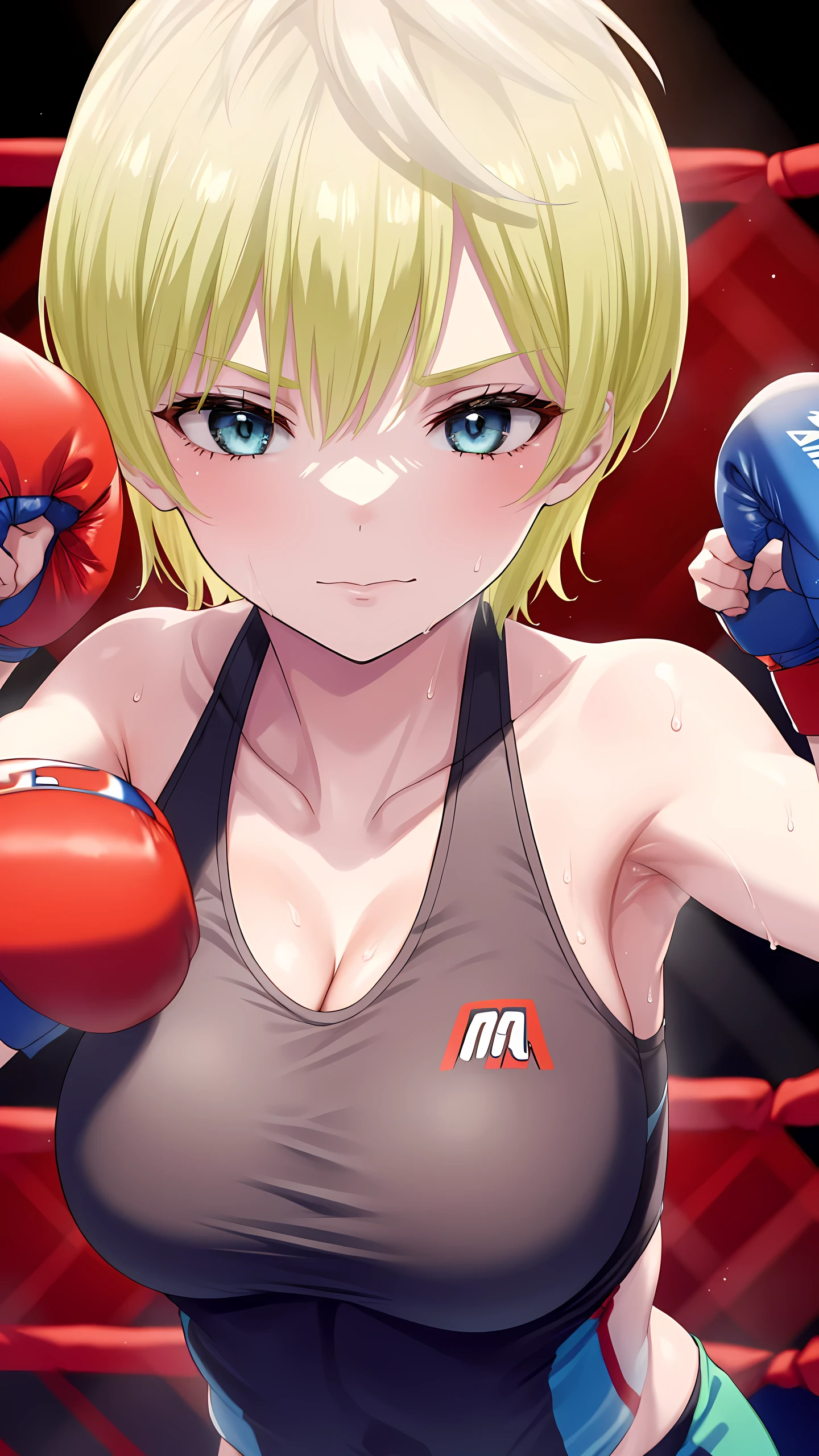 tenkaizumo, izumo, tenka, short hair, Blue eyes, blonde, (1girl, 1person), 8K, masterpiece, Highest quality, Detailed eyes, Detailed face, medium breast,(wearing sports bra:1.5, cleavage, sleeveless, collarless), (MMA Arena :1.5), head shot, close-up shot, looking at viewer, serious, (in a boxing pose:1.5) ,sweaty,