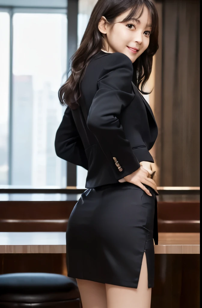 Masterpiece,Best quality, (maam. clerk:1), ((Portrait:1.3)), Cross arms, Smile,Black professional attire,Long legs,skin hyper-detail,Clear pores,in a panoramic view,Cocked buttocks,black lence stockings,Beautiful young Japanese woman over 40 years old, Perfect face, Fantastic look, (Detailed facial features), Clean and nice face