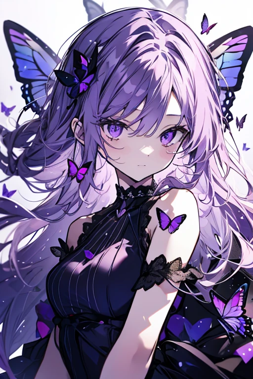 1 girl、Mature、Ample breasts、Long Hair、Purple Hair、Sharp Eyes、Shoulder Bare、Belly button、Black Dress、Butterflies fluttering、Night view、prism、Like a jewel、High resolution、Highest quality
