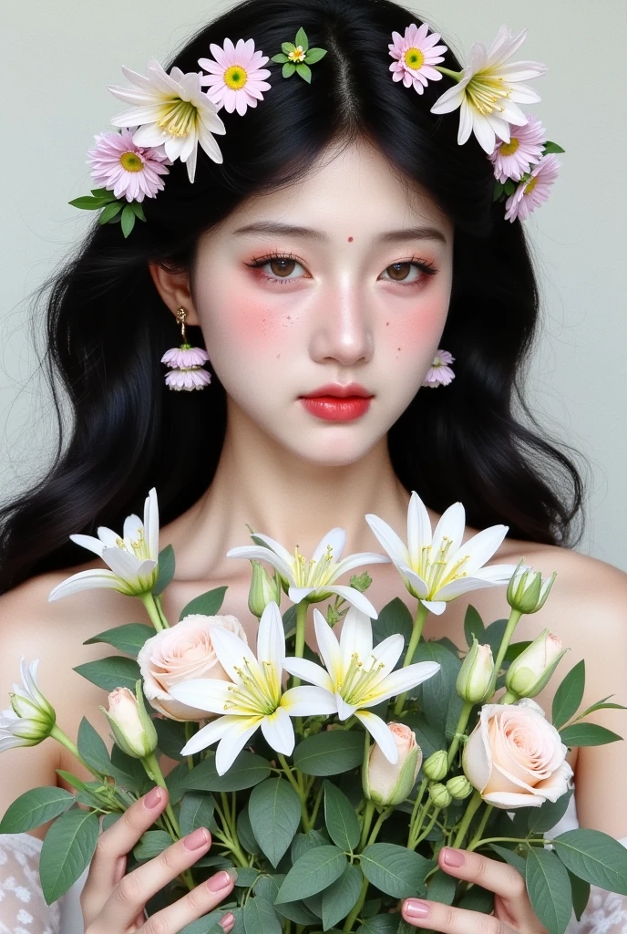 1girl, bare shoulders, black hair, bouquet, closed mouth, daisy, earrings, flower, flower wreath, hair flower, hair ornament, head wreath, holding, holding flower, jewelry, leaf, lily \(flower\), lips, long hair, looking at viewer, nose, parted lips, pink flower, realistic, solo, upper body, white flower, white rose