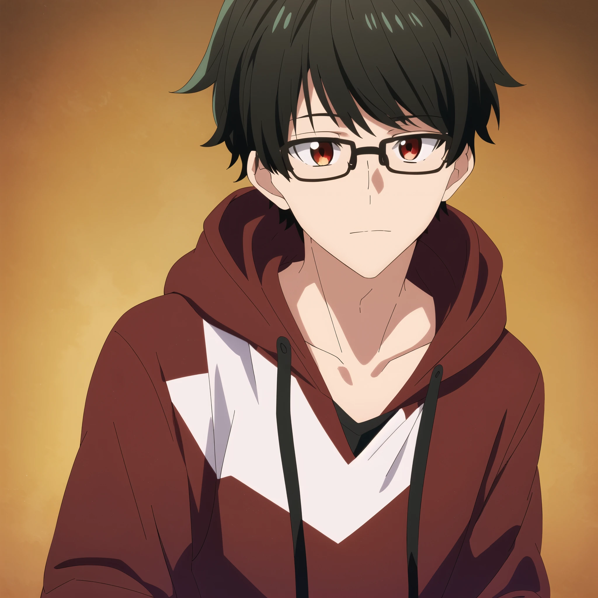 masterpiece, best quality, , 1boy, solo, male focus, looking at viewer, upper body, , tasuku_kuresawa, brown hair, , red eyes, black hoodie, pastle background