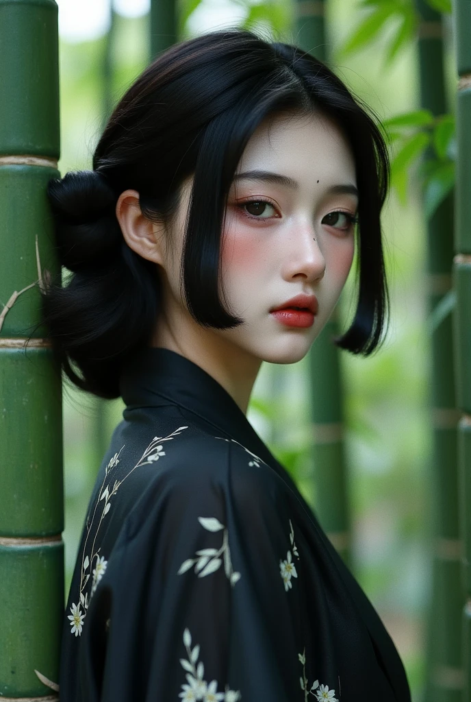 (masterpiece, Best quality:1.2),bamboo forest， 1Portrait of a girl, Solitary，Black Kimono，Motion blur afterimage bamboo leaves