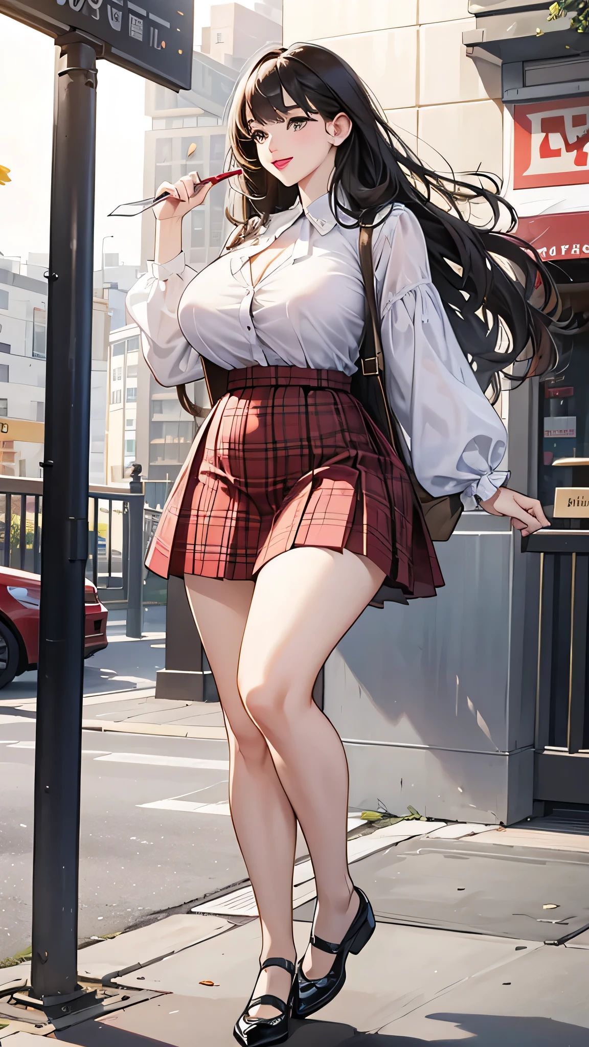 Anime girl in a skirt and blouse posing on a city street - SeaArt AI