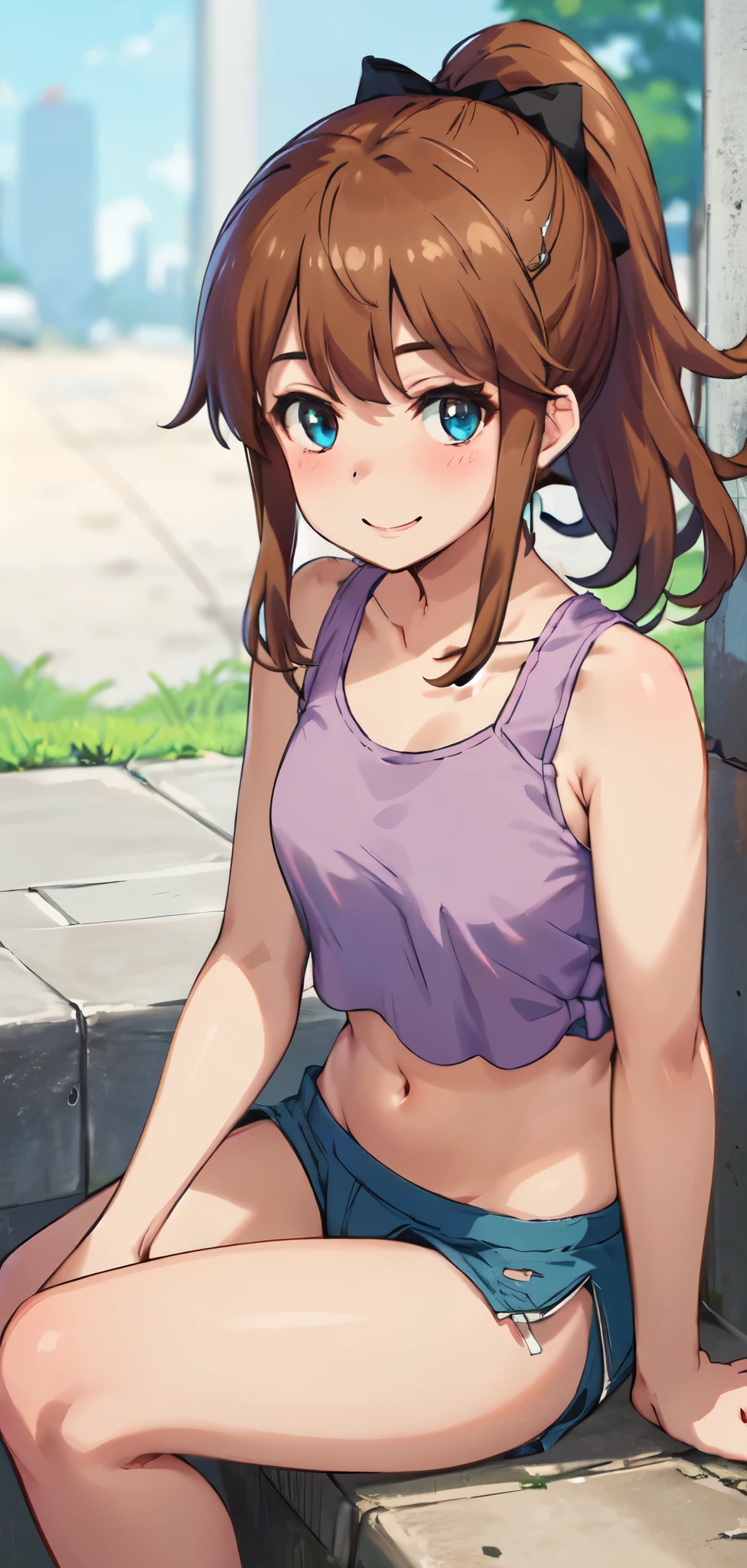 best quality, (masterpiece:1.2), highly detailed, standing, street,
1girl, solo, akatsuki minami,
looking at the viewer, smile, slight blush,
blue eyes, brown hair, ponytail, hair bow, sleeveless, (((cropped tank top, navel, sitting)))