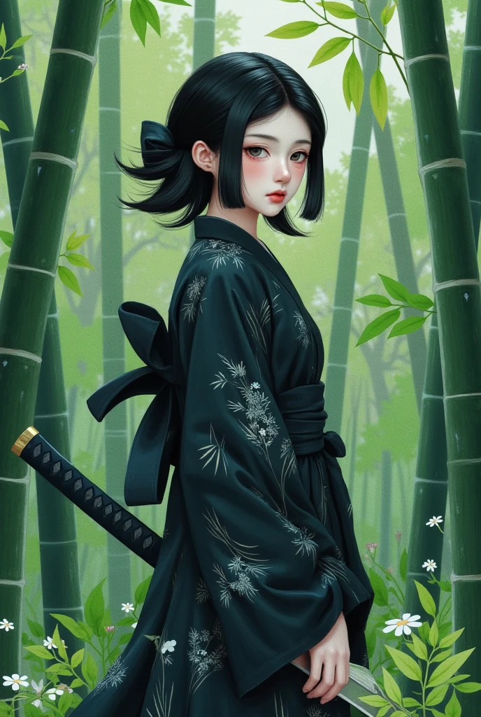 (masterpiece, Best quality:1.2),bamboo forest， 1Portrait of a girl, Solitary，Black Kimono，Samurai sword