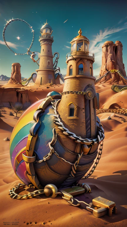 Abstract art, ( Surrealism )  ( Surrealism ) a Surreal scene involving (chains:1.5), Lighthouse. A Giant chained lighthouse. Chains are everywhere, Colorful Gradient, involving desert sands, colorful rainbow sand, non euclidean desert geometry, an abstract scene , swirling vortex of rainbow colors, Lighthouse covered in chains, bound in chains. chained sword, Surreal different colors, , Chains l chained planet, created in a medieval lighthouse desert, in the Vibrant colors style, giant chains, 