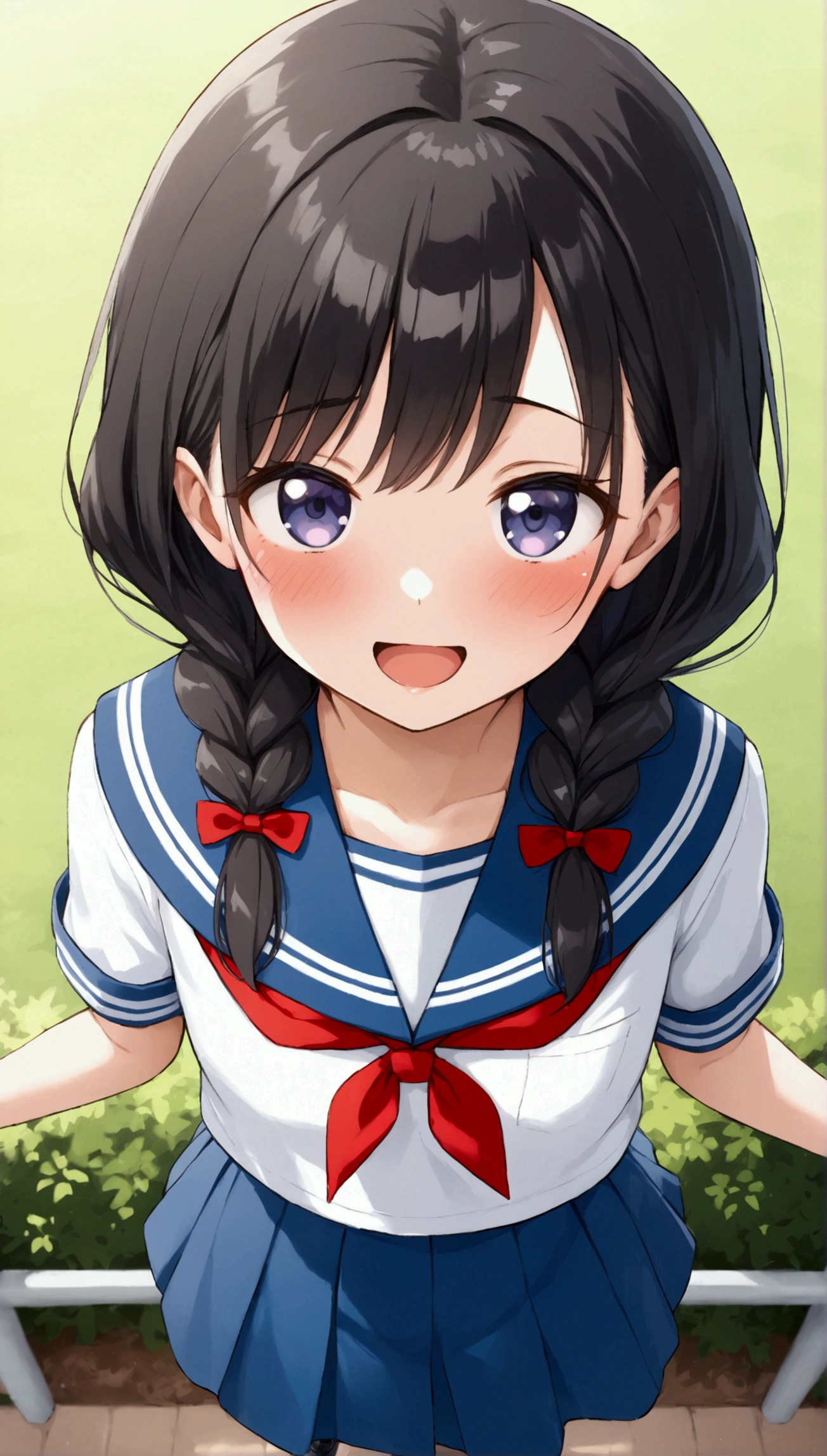 {Best Quality}, {Very beautiful},{Ultra fine},{Best illustration},Black Hair,Braids,Standing Woman,Excited face,High school girl,Sailor suit,Short sleeve,skirt,Knee-high socks,Black Loafers,In the park,Blushing,Slender,Spread your legs,skirtをめくる,From above,Blushing,Sulky face
