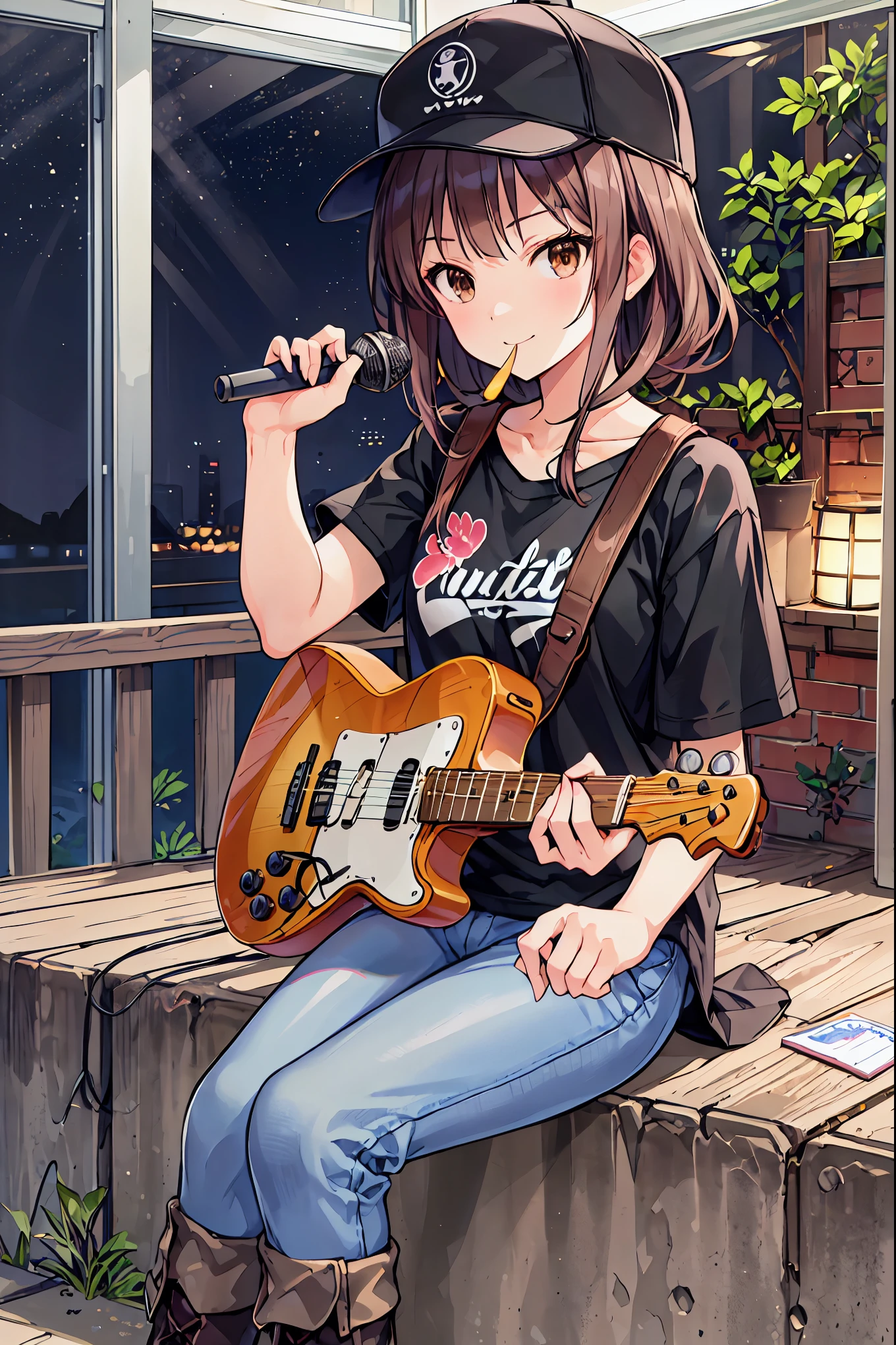 路上でguitarを弾くアニメの，Brown Hair，Shortcuts，Messy Hair，Slender beauty，hole々Positive Attitude，Small box，Beautiful legs，Her enchanting grey-blue eyes shine like stars.，meet, Azusa Nakano, , (Brown eyes:1.5),,Baseball cap,Oversized T-shirt,Short sleeve,jeans,Short boots,Instrument playing, Stage Performance, ，Hot air,Happy atmosphere,スタンドマイクの前でguitarを弾きながら熱唱,guitar(Red Mustang),On the forehead,Sing with your mouth open,smile,The entire audience is standing.,night,moonlight,whole bodyがイラストに入るように,
break outdoors, area,
break looking at viewer, whole body,
break (masterpiece:1.2), Best Quality, High resolution, Unity 8K Wallpaper, (shape:0.8), (Beautiful attention to detail:1.6), Highly detailed face, Perfect lighting, Extremely detailed CG, (Perfect hands, Perfect Anatomy),