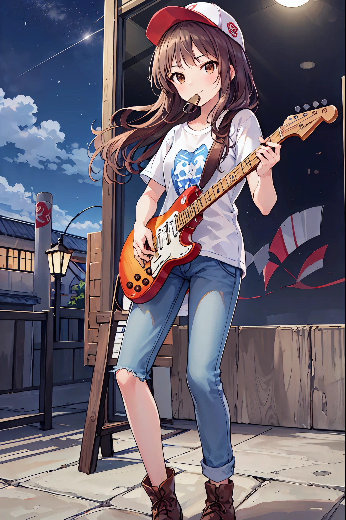 路上でguitarを弾くアニメの，Brown Hair，Shortcuts，Messy Hair，Slender beauty，hole々Positive Attitude，Small box，Beautiful legs，Her enchanting grey-blue eyes shine like stars.，meet, Azusa Nakano, , (Brown eyes:1.5),,Baseball cap,Oversized T-shirt,Short sleeve,jeans,Short boots,Instrument playing, Stage Performance, ，Hot air,Happy atmosphere,スタンドマイクの前でguitarを弾きながら熱唱,guitar(Red Mustang),On the forehead,Sing with your mouth open,smile,The entire audience is standing.,night,moonlight,whole bodyがイラストに入るように,
break outdoors, area,
break looking at viewer, whole body,
break (masterpiece:1.2), Best Quality, High resolution, Unity 8K Wallpaper, (shape:0.8), (Beautiful attention to detail:1.6), Highly detailed face, Perfect lighting, Extremely detailed CG, (Perfect hands, Perfect Anatomy),