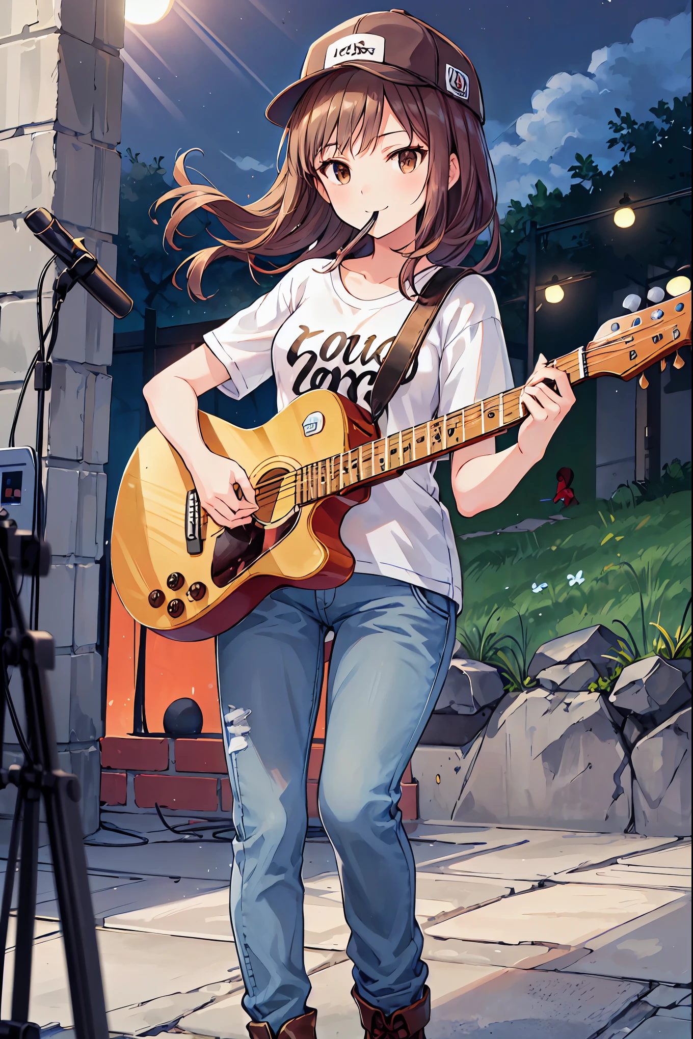 路上でguitarを弾くアニメの，Brown Hair，Shortcuts，Messy Hair，Slender beauty，hole々Positive Attitude，Small box，Beautiful legs，Her enchanting grey-blue eyes shine like stars.，meet, Azusa Nakano, , (Brown eyes:1.5),,Baseball cap,Oversized T-shirt,Short sleeve,jeans,Short boots,Instrument playing, Stage Performance, ，Hot air,Happy atmosphere,スタンドマイクの前でguitarを弾きながら熱唱,guitar(Red Mustang),On the forehead,Sing with your mouth open,smile,The entire audience is standing.,night,moonlight,whole bodyがイラストに入るように,
break outdoors, area,
break looking at viewer, whole body,
break (masterpiece:1.2), Best Quality, High resolution, Unity 8K Wallpaper, (shape:0.8), (Beautiful attention to detail:1.6), Highly detailed face, Perfect lighting, Extremely detailed CG, (Perfect hands, Perfect Anatomy),