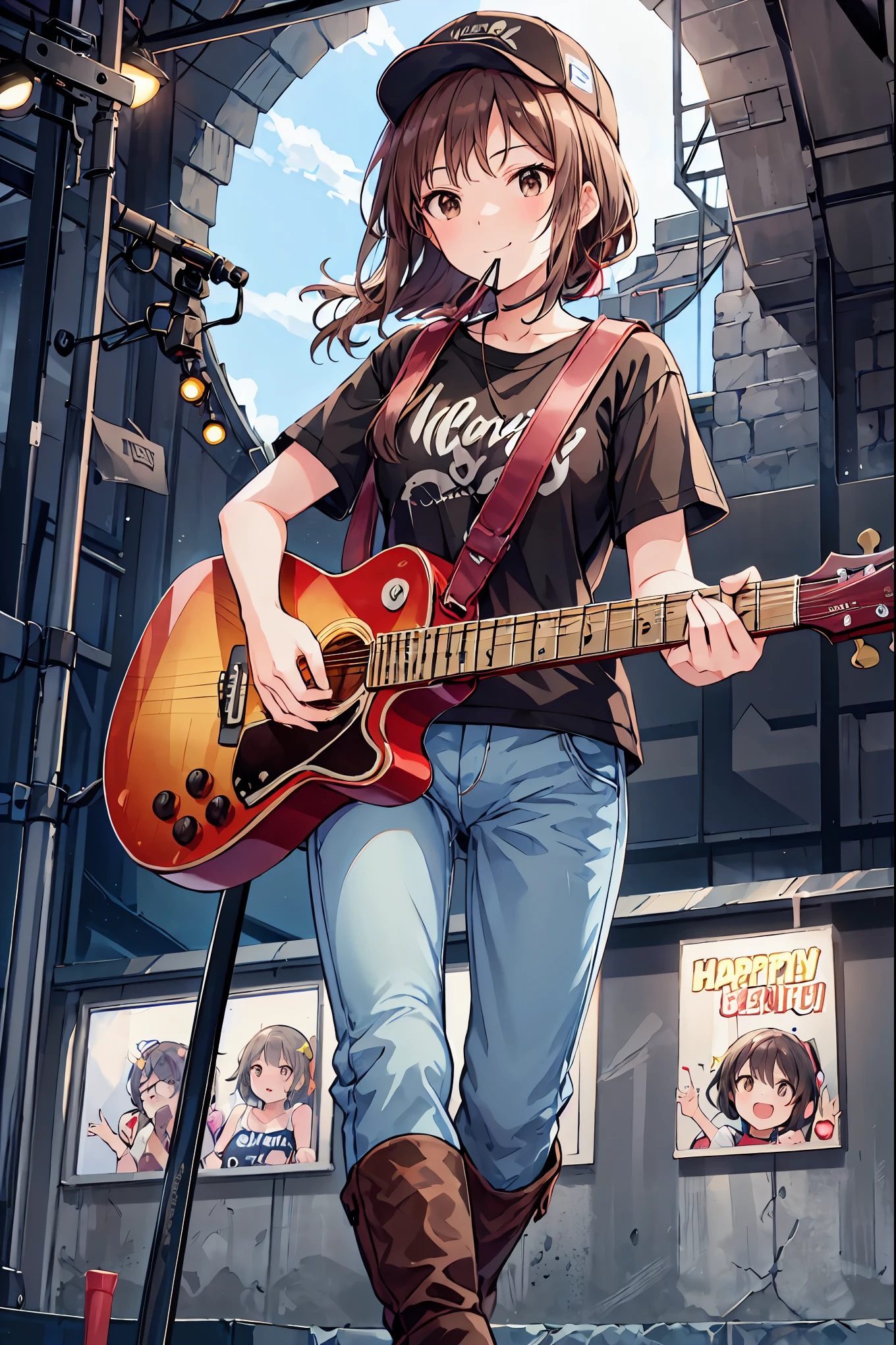 路上でguitarを弾くアニメの，Brown Hair，Shortcuts，Messy Hair，Slender beauty，hole々Positive Attitude，Small box，Beautiful legs，Her enchanting grey-blue eyes shine like stars.，meet, Azusa Nakano, , (Brown eyes:1.5),,Baseball cap,Oversized T-shirt,Short sleeve,jeans,Short boots,Instrument playing, Stage Performance, ，Hot air,Happy atmosphere,スタンドマイクの前でguitarを弾きながら熱唱,guitar(Red Mustang),On the forehead,Sing with your mouth open,smile,The entire audience is standing.,night,moonlight,whole bodyがイラストに入るように,
break outdoors, area,
break looking at viewer, whole body,
break (masterpiece:1.2), Best Quality, High resolution, Unity 8K Wallpaper, (shape:0.8), (Beautiful attention to detail:1.6), Highly detailed face, Perfect lighting, Extremely detailed CG, (Perfect hands, Perfect Anatomy),