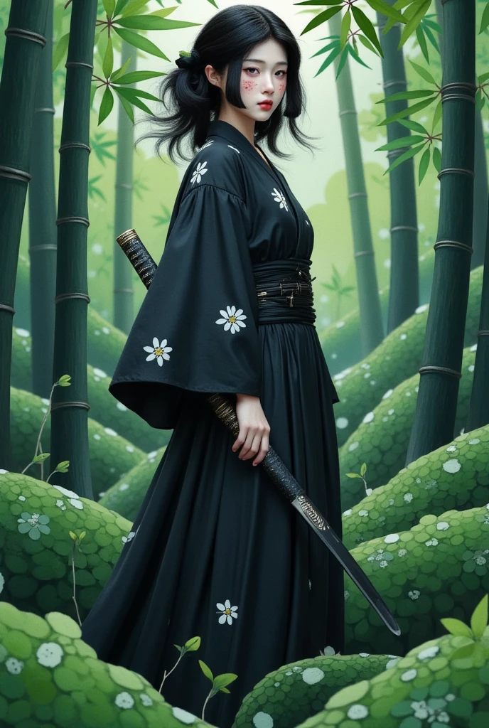 masterpiece, Best quality, Very dramatic pictures, Movie lens effects，(masterpiece, Best quality:1.2),bamboo forest， 1Portrait of a girl, Solitary，Black Kimono，Samurai sword