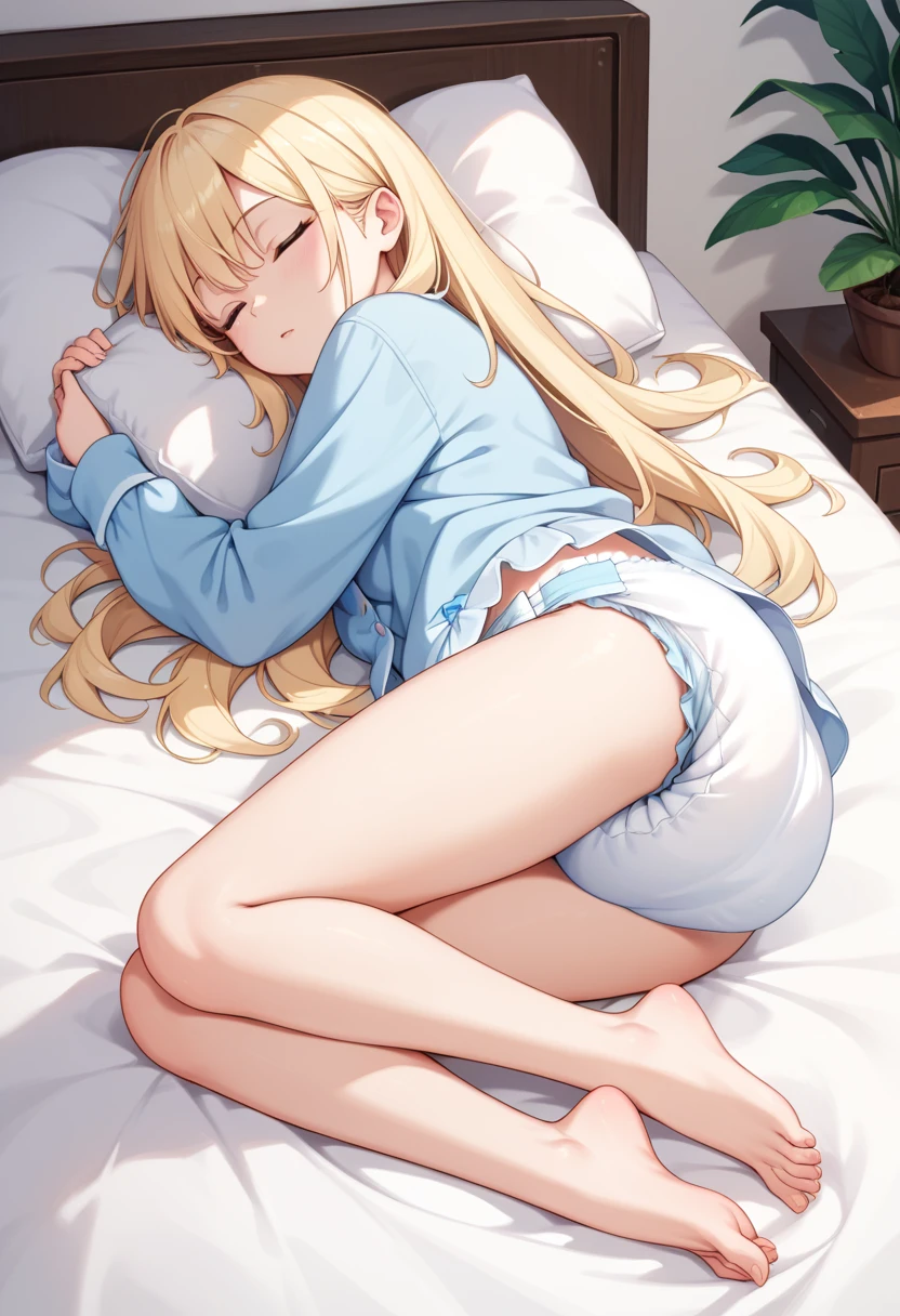 Beautiful long blonde　Light blue pajamas　bottomless　diaper　Sleeping in bed　barefoot　Long sleeve　Open your legs