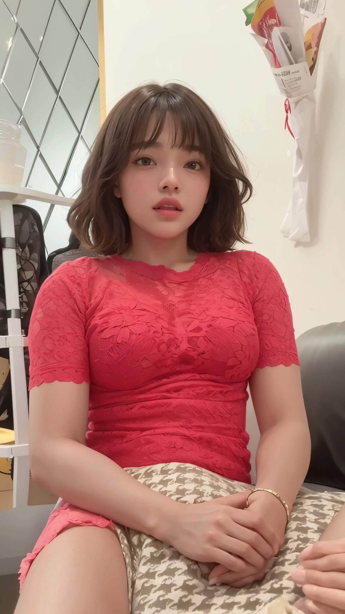 there is a woman sitting on a bed with a cell phone, naughty expression, taken with canon eos 5 d mark iv, taken with canon eos 5 d, taken with canon 8 0 d, realistic young gravure idol, ayaka, young sensual gravure idol, Beasts, chiho, young pretty gravure idol, sexy look at the camera