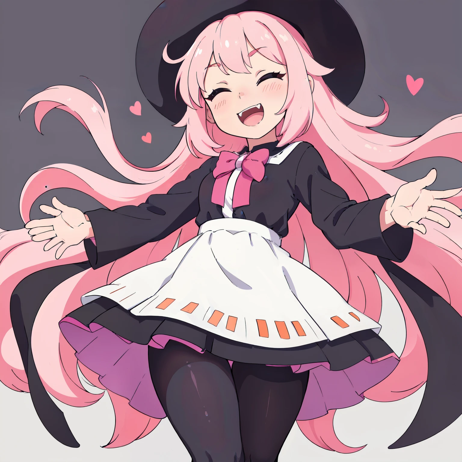 Create an anime-style image featuring a cheerful female character with long, straight pastel pink hair, with bangs gently falling over her forehead. The character has a happy and excited expression, with blushing cheeks and an open mouth showing sharp fangs, giving her a playful and adorable look. Her eyes are closed in a joyful, intense expression. She is dressed in a witch costume with a classic black dress that has a short hem, showing her nice legs and pantyhose that are slightly visible. The dress is adorned with purple and orange accents., along with a pointed hat that sits coquettishly on her head. The hat has a ribbon that complements the dress..
The girl is in a sexy and flirtatious pose, with one leg slightly raised and turned, accentuating her figure and showing a hint of her pantyhose. Make sure the eyes are perfectly detailed, showing clarity and expression, even if they are closed with joy. the nose, The mouth and skin should be drawn realistically in an anime style, with soft shading and attention to proportions. The arms and body must have perfect anatomy, without deformations or awkward angles. Make sure the image has clean lines, with perfect detail in the eyes, The hair, the hands, clothes and face. The image must be free of errors or distortions, maintaining a cohesive and polished look for the entire character. The background is simple and out of focus, allowing the focus to remain on the character. The lighting is soft and natural, highlighting its features. This description ensures that the character and the image as a whole are well detailed and polished., Without deformities.