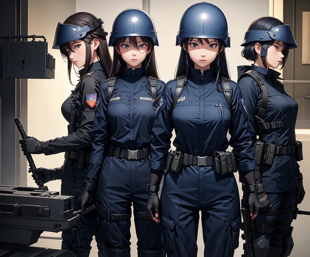 A group of female police officers all wearing sapphire blue uniforms，Wear a steel helmet、Military Pants、Individual equipment set、Alert with guns、Write details、masterpiece、best quality、Highly detailed CG、8K picture quality