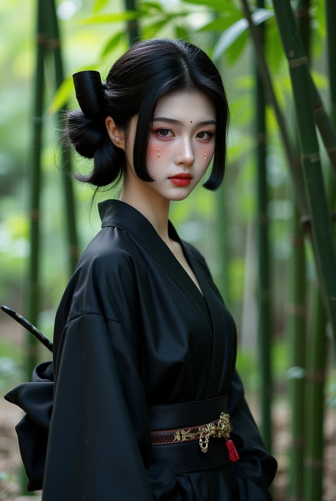 masterpiece, Best quality, Very dramatic pictures, Movie lens effects，(masterpiece, Best quality:1.2),bamboo forest， 1Portrait of a girl,beautiful face， Solitary，Black Kimono，Samurai sword