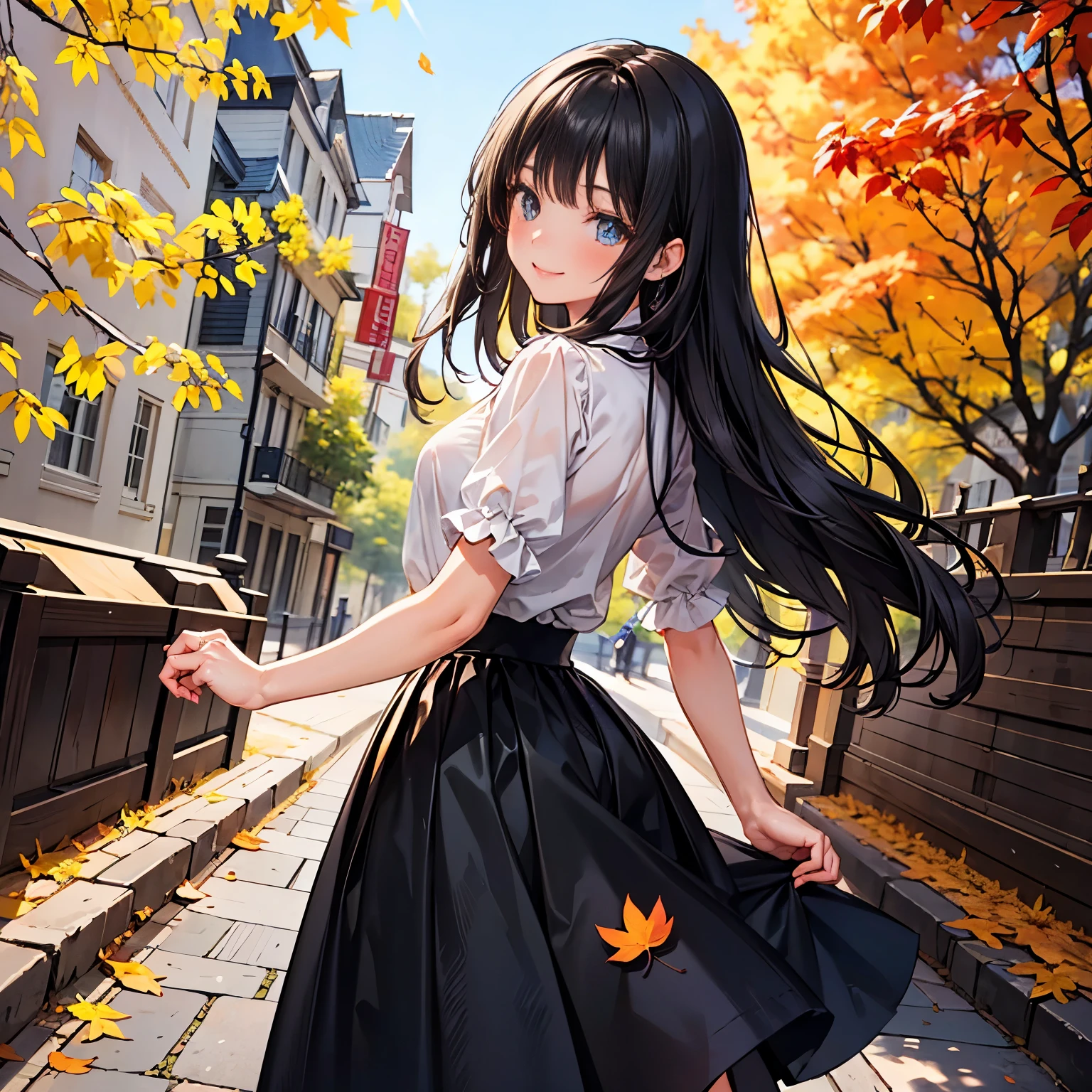 masterpiece, Best Quality,Super detailed,Hyper Detail, Cinematic Light,　A woman with long black hair, 160cm tall　Weight 45kg　Small breasts　A promenade of golden yellow leaves　Black long skirt　White blouse　Rear view　Smiling Face