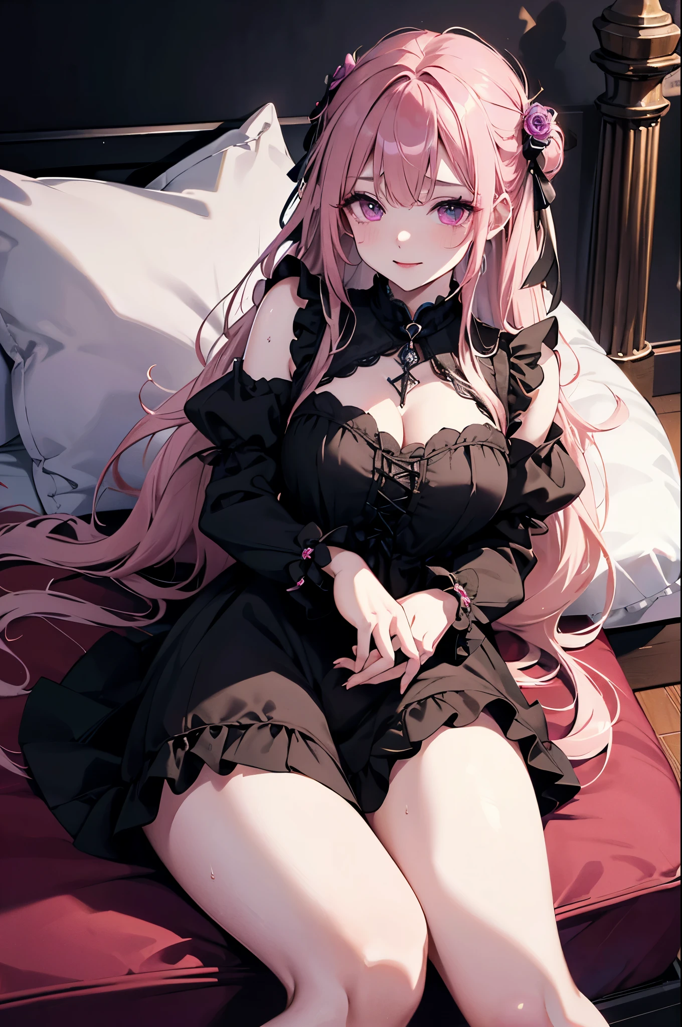 (Best Quality,High resolution,8K,finelity detailed background,Masterpiece:1.2),beautiful girl,Shiny pink hair,messy hair,Pink eyes,Gentle look,A refreshing look,Best quality,Best Quality,Aesthetic and aesthetic:1.2,Best details((Super detailed))(High-definition CG illustrations),Glamorous grey underwear (gray,intricate lace),Slender body,night,Moonlight,Bedroom,On the bed,smile,blush,cute,Scrounge,Looking up,Being spoiled,super model,wariza,shoot from below