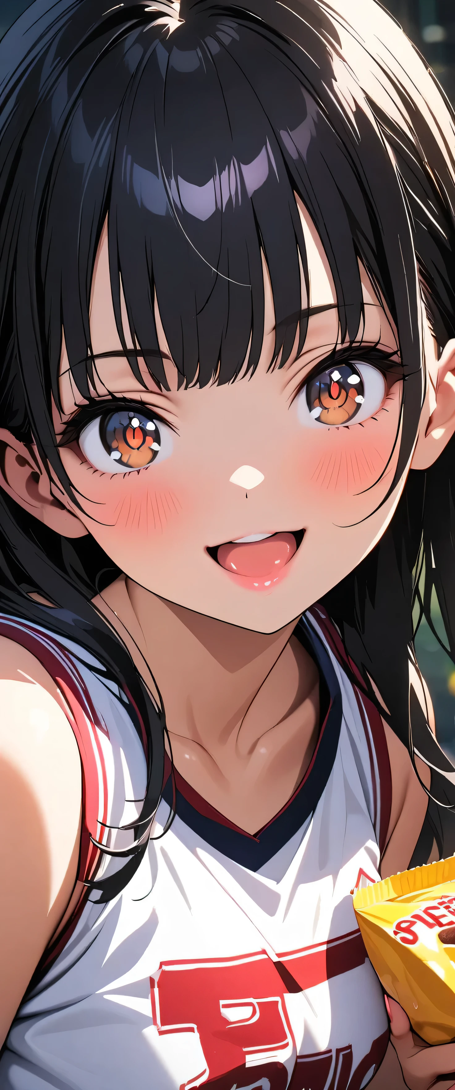 (beautiful girl: 1.3),One girl,masterpiece,Please redeem,Ultra-high resolution,Rich contrast,Very high quality,8k,Highly detailed CG unit wallpaper,Texture,So ridiculous,RAW Photos,Please redeem anime,Depth of written boundary 1.2,ultra-detailed eyes,Glowing Skin,Glitter Effect,Beautiful glossy lips,Yamada Anna,dark blue hair,brown eyes,long hair,sidelocks,basketball uniform,Outside the gym,Snack,Eat a snack,Open your mouth wide,Very smiling