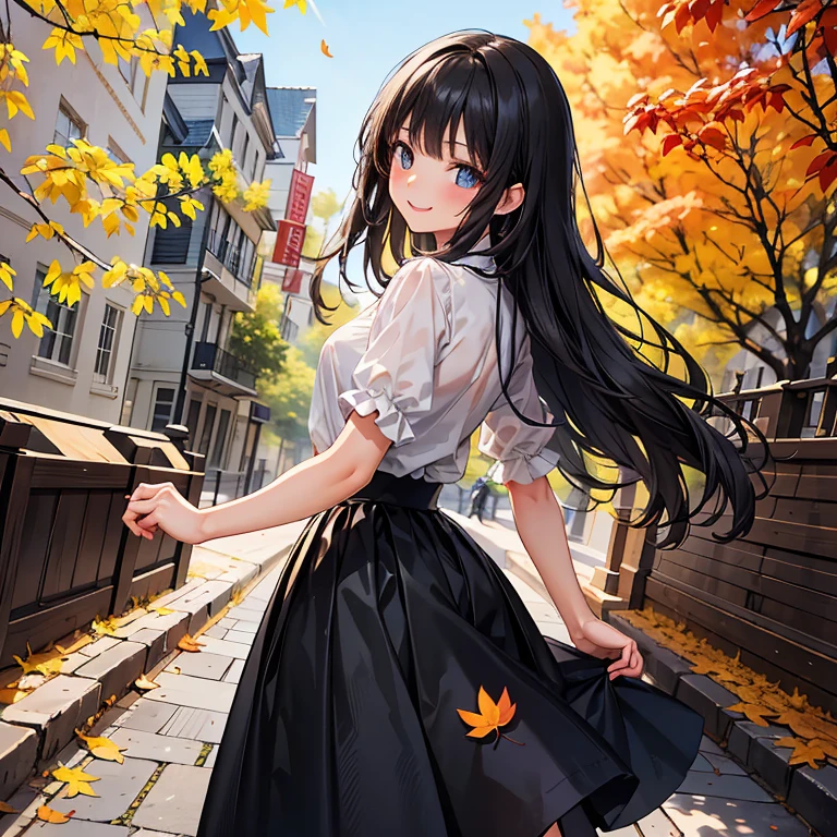 masterpiece, Best Quality,Super detailed,Hyper Detail, Cinematic Light,　A woman with long black hair, 160cm tall　Weight 45kg　Small breasts　A promenade of golden yellow leaves　Black long skirt　White blouse　Rear view　Smiling Face