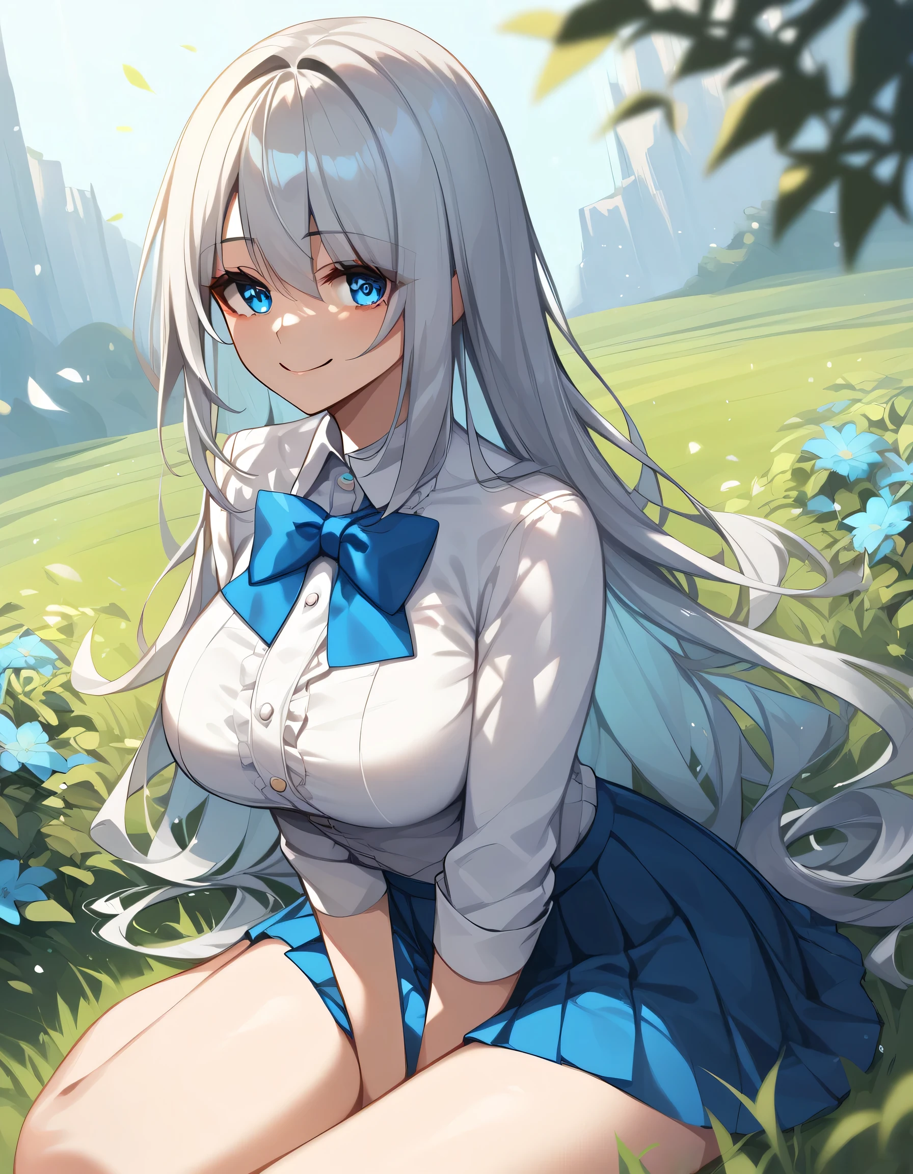 1 girl, curvy, beautiful, talk, silver blue ombre hair, long hair, bang, blue eyes, long sleeved white blouse, blue bowtie, short blue pleated skirt, grass yard, sitting, looking at viewer, smiling warmly, BREAK (masterpiece:1.2), best quality, high resolution, unity 8k wallpaper, (illustration:1.3), (beautiful detailed eyes:1.2), extremely detailed face, perfect lighting, extremely detailed CG, close up, (perfect hands, perfect anatomy, (SuperQuality:1.0) ~ (SuperQuality:1.4)
