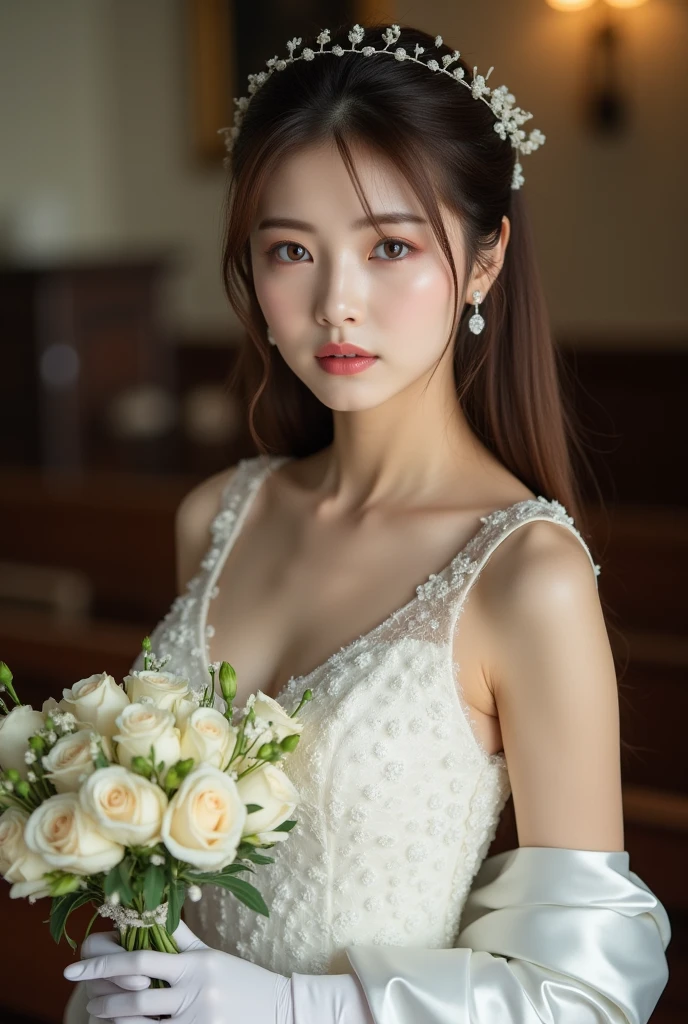 Perfect composition, Proper placement, close, Beautiful Japanese Woman, Brown Hair, Straight hair, Brown eyes:1.21, Clear Eyes,  Perfect beauty, compensate, Pink lipstick, Perfect Anatomy, Small head, White Wedding Dress, Hair Accessories, Holding a bouquet, White satin long gloves, At church, Perfect beauty, (((A photograph of a film frame captured on positive film))), sexy, orgasm, , Dramatic lighting, 